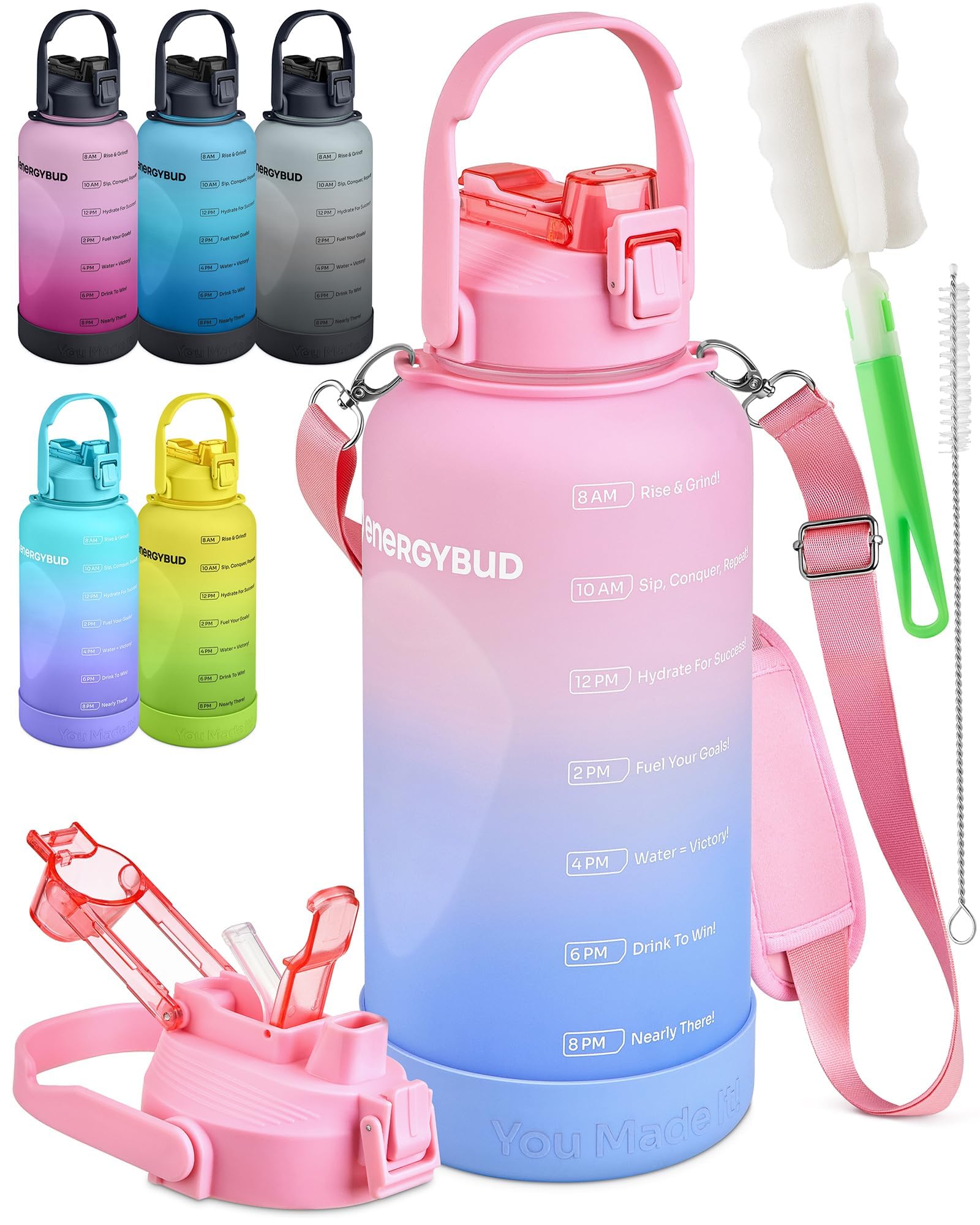 1/2 Gallon Water Bottle with 74.3 oz Capacity - Motivational Time Markers for Daily Hydration Goals - Leakproof BPA Free Tritan with Removable Straw