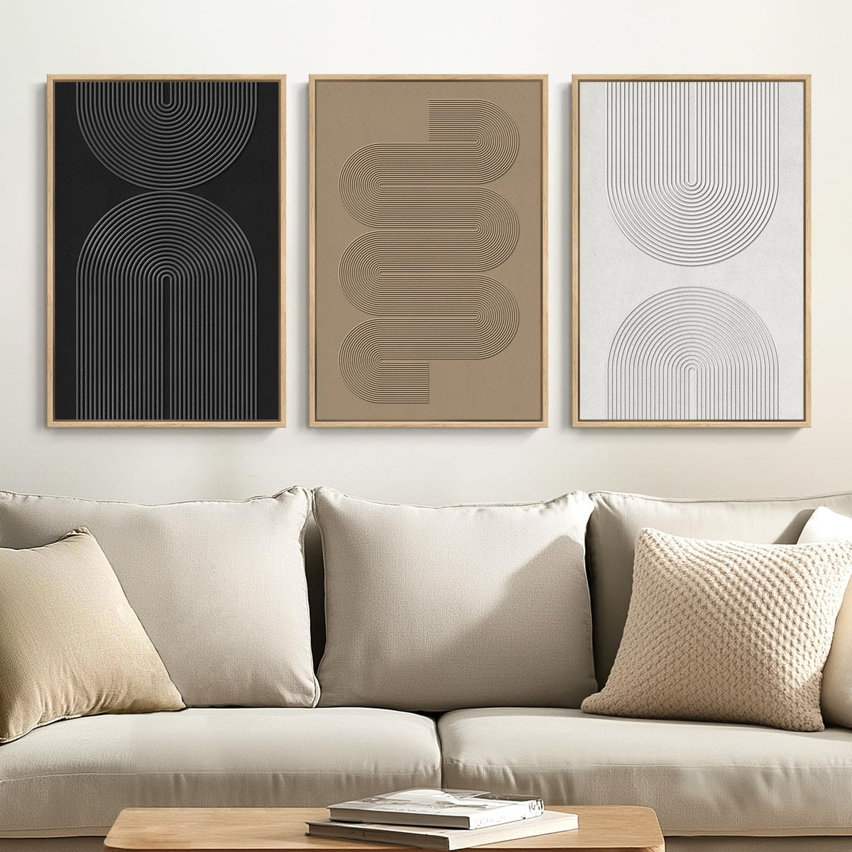 Framed Black and White Modern Abstract Wall Art, 3 Piece Canvas Prints Paintings Artwork for Walls, Minimalist Black White Grey Pictures for Living Room Dining Room Bedroom Office Wall Decor 16x24 In