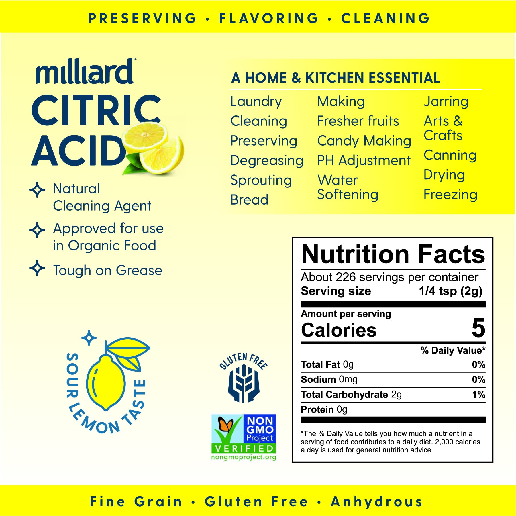 Milliard Citric Acid 1 Pound - 100% Pure Food Grade Non-GMO Project Verified (1 Pound)