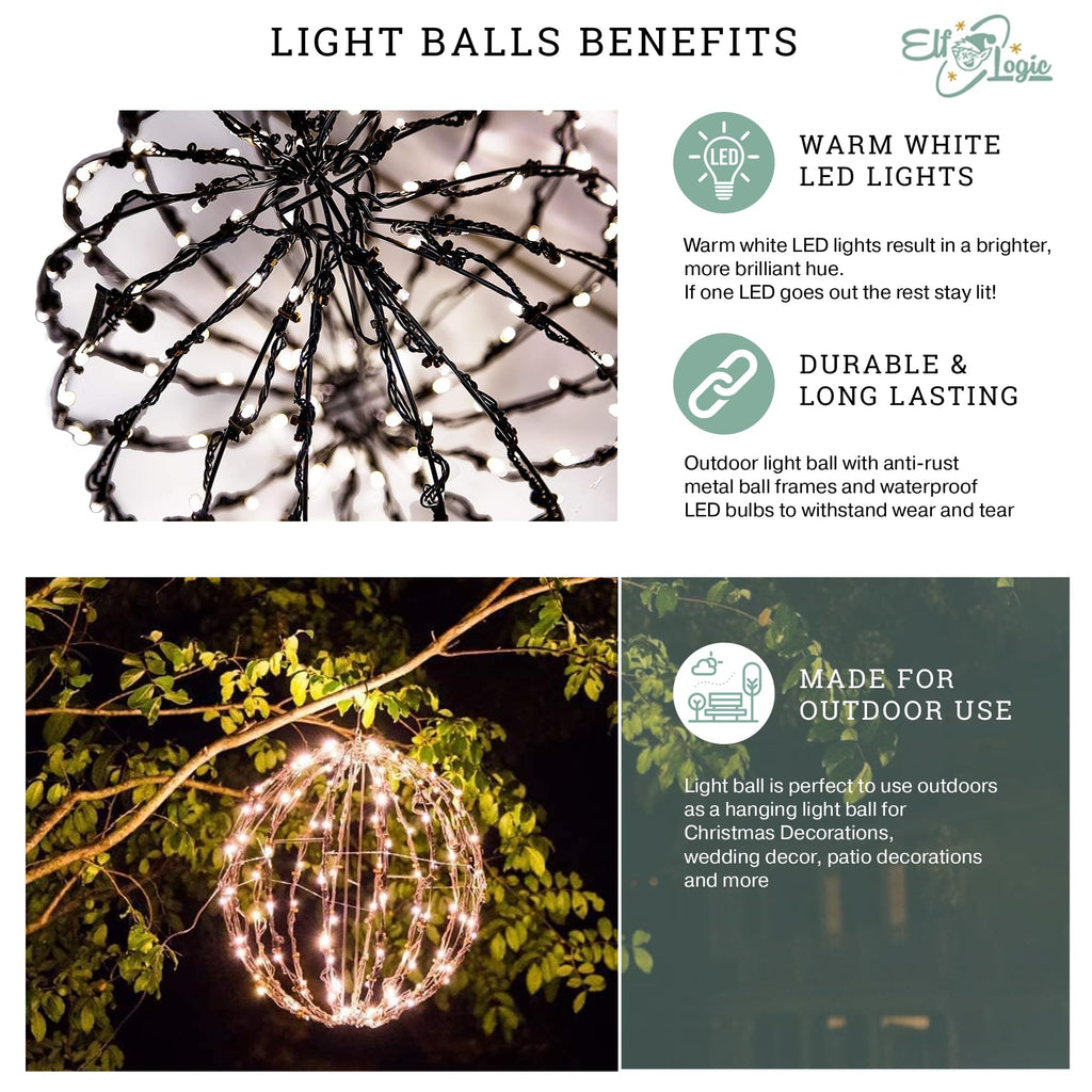 Elf Logic 3 Pack 12” Outdoor/Indoor LED Christmas Light Balls. Durable, Waterproof, Long-Lasting, Lightweight Bright Light Ball. Warm LED Lights for Holiday Decor, Patio, Wedding Decor