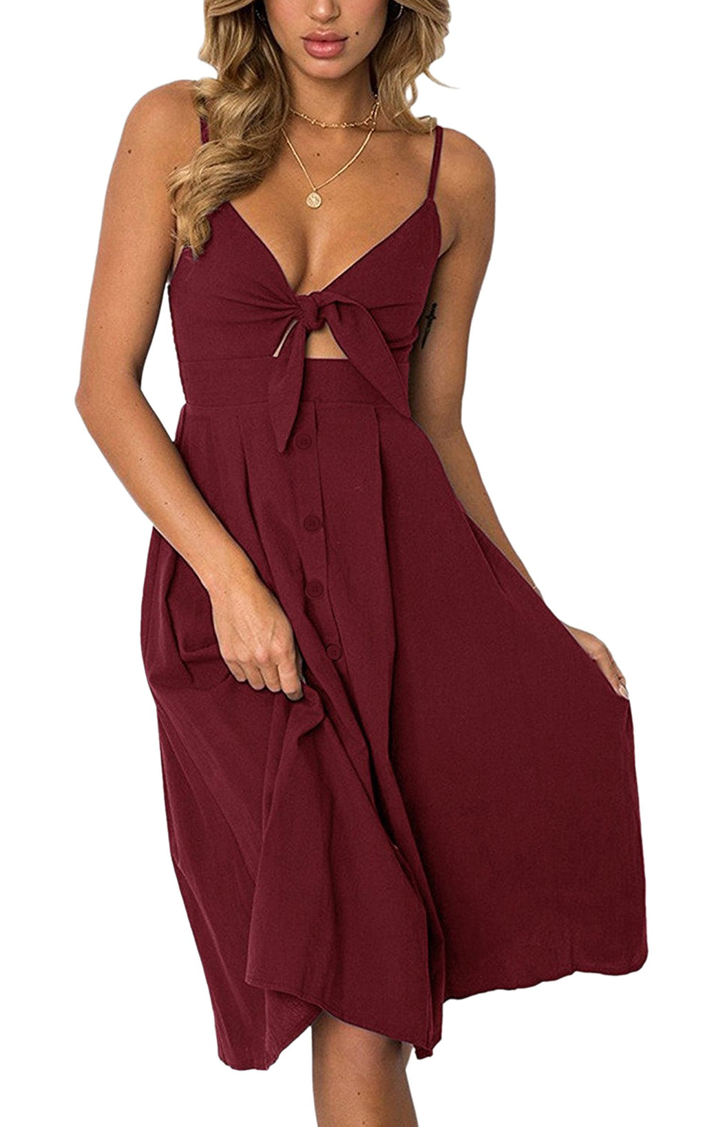 ECOWISH Women 2026 Summer Dresses Tie Front V-Neck Spaghetti Strap Button Down A-Line Backless Swing Midi Dress