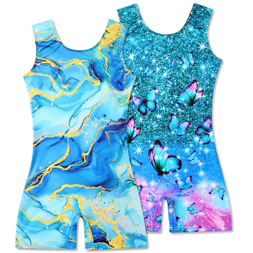 2 Packs Gymnastics Leotards for Girls Mermaid Leopard Dance Leotard Kids Biketard with Shorts