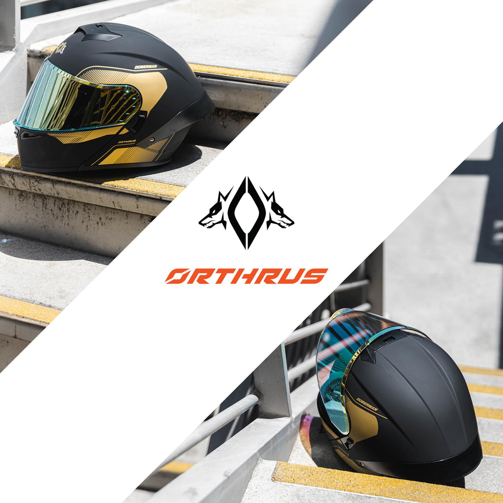 Orthrus Modular LED Full Face Motorcycle Helmet - DOT Approved Flip-Up Dual Visor Sun Shield & Bluetooth Ready for Adults Men Women - Street Bike/Motocross (Dobermann Gold, S)