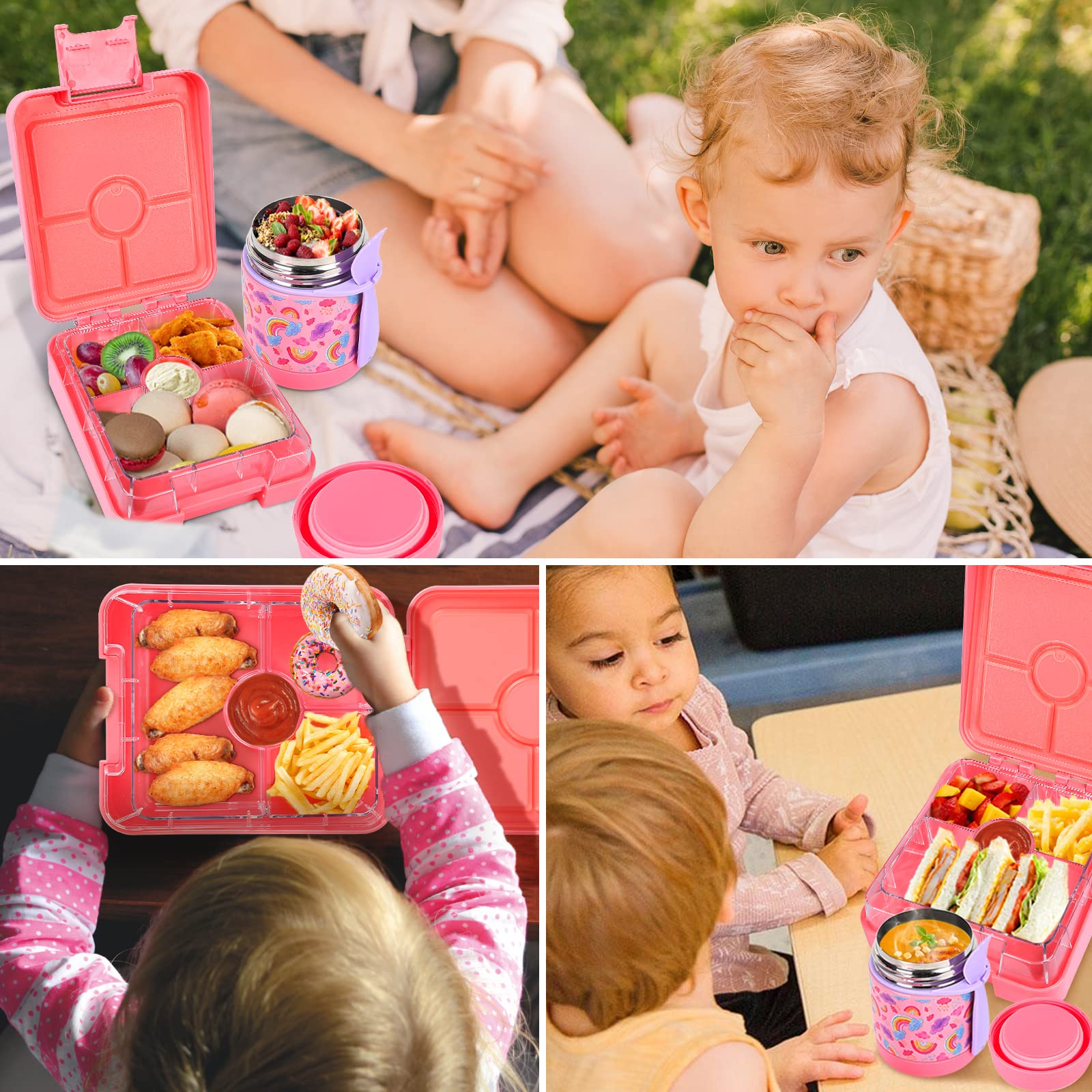 Bento Lunch Box Set for Kids with 10oz Soup Thermo, Leak-Proof Lunch Containers with 4 Compartment, Kids Thermo Hot Food Jar and Insulated Lunch Bag for Kid to School,BPA-Free(Basketball)