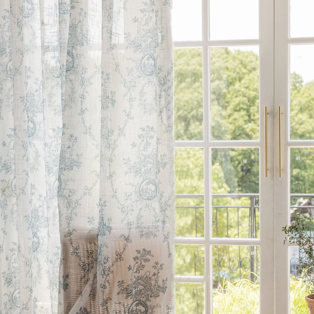 SUOUO Blue Leaf Semi Sheer White Curtains for Bedroom Dining Living Room Linen Textured 84 inches Long Rod Pocket Boho Window Drapes 2 Panels