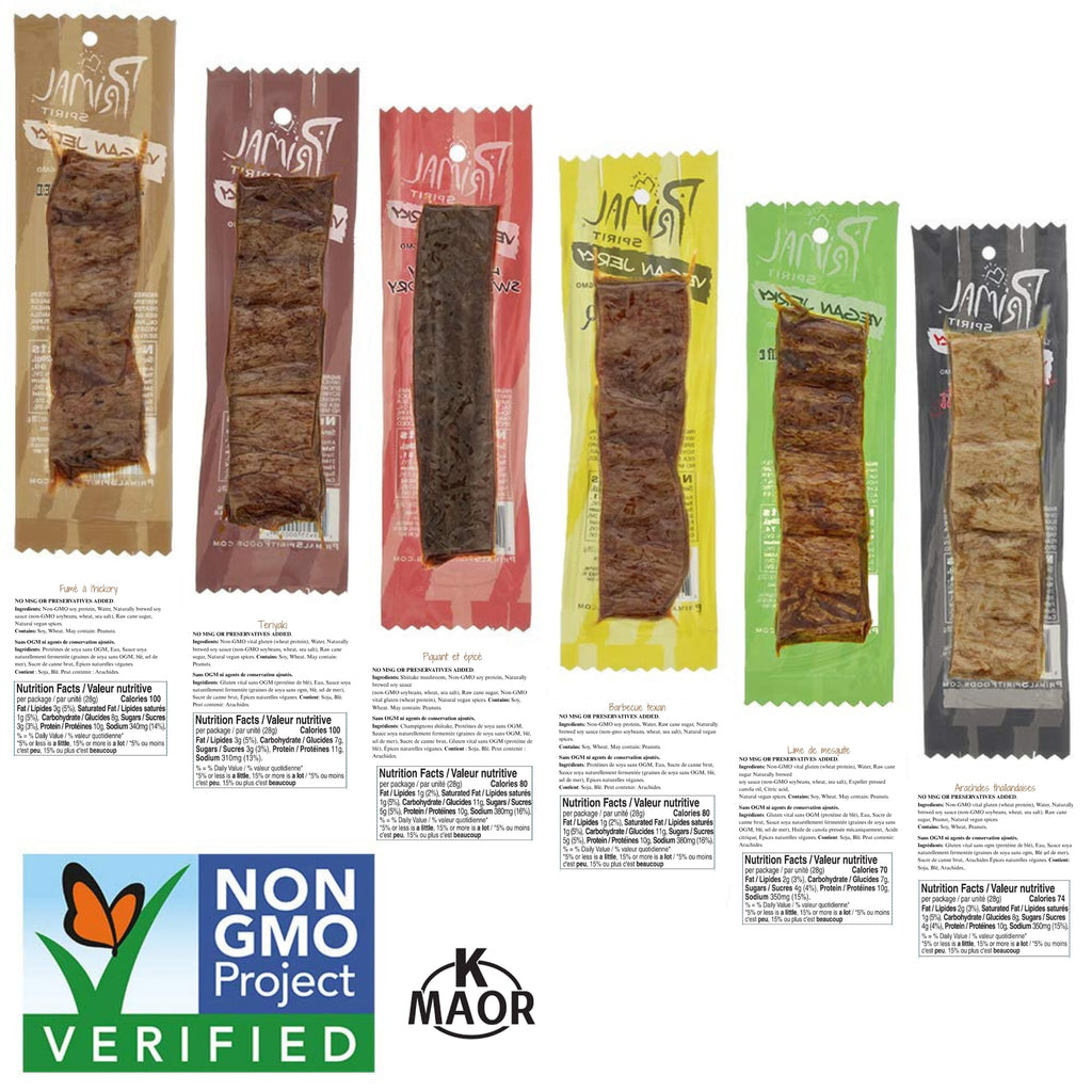 Primal Spirit Vegan Jerky - Our Sampler Pack, 10g. Plant Based Protein, Certified Non-GMO ("The Classics" Thai Peanut, Mesquite Lime, Teriyaki, Hot & Spicy, Hickory Smoked, & Texas BBQ, 12-Pack, 1 oz)