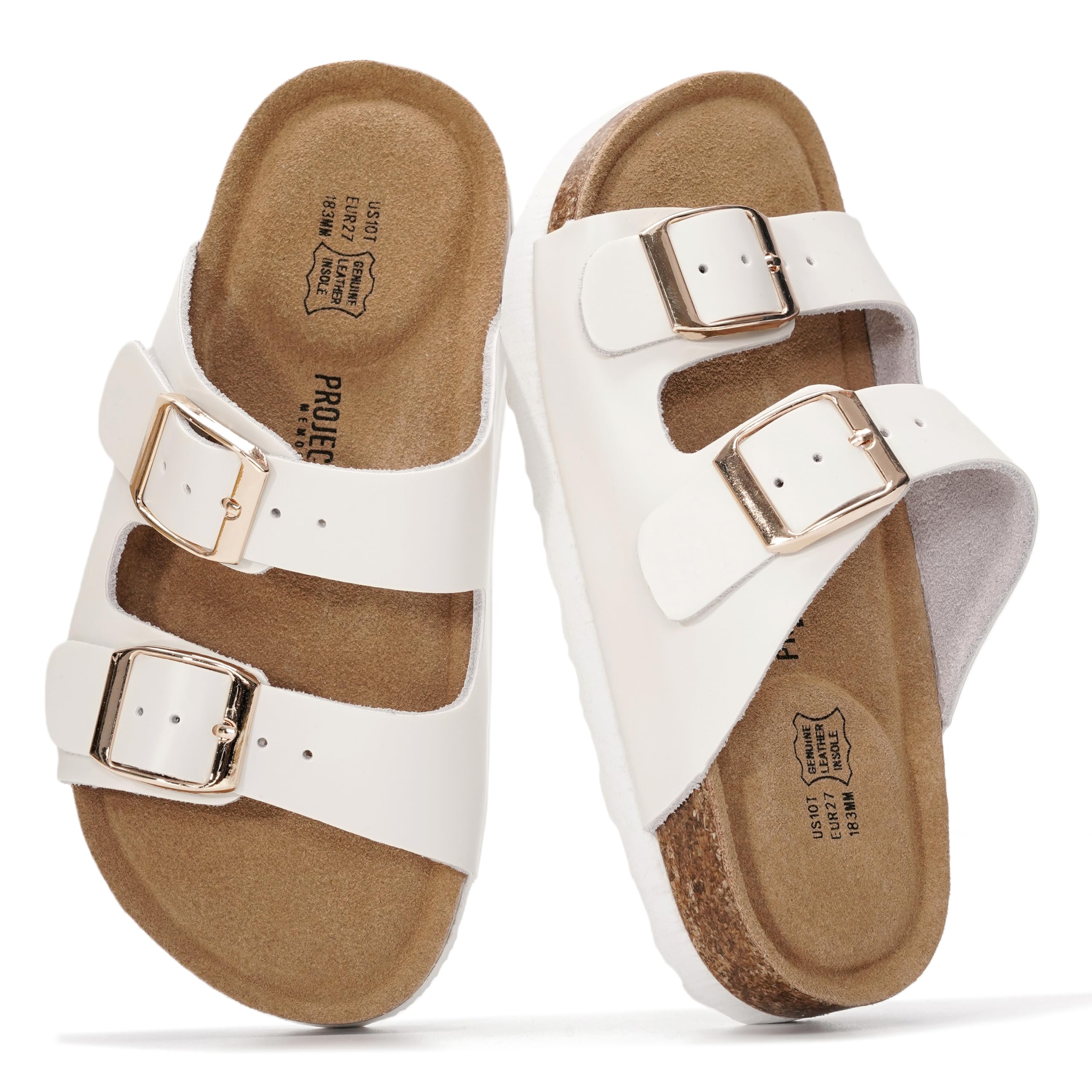 Project Cloud Kids Sandals 100% Genuine Leather - Natural Cork Footbed Non-Slip Slides for Kids - Lightweight Boys & Girls Sandals - Water-Resistant Girls & Boys Sandals