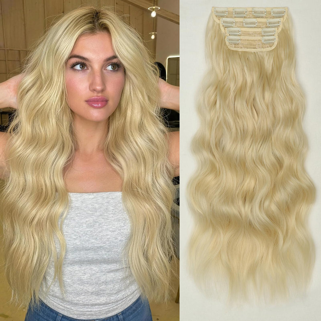KooKaStyle Clip in Synthetic Hair Extensions Long Wavy 4PCS Thick Hairpieces Balayage Chocolate Brown to Caramel Blonde 10H26 Fiber Double Weft Natural Hair Extensions 16 Inch for Women