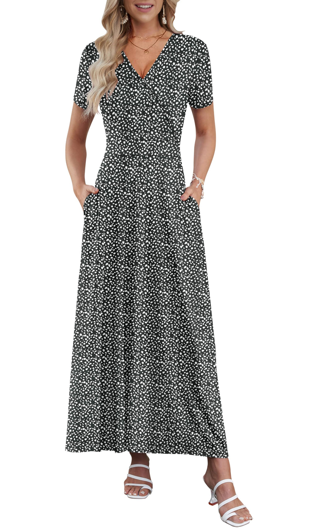 AUSELILY Maxi Dresses for Women Ankle Length Floral Print Beach Long Flowy Dress with Pockets