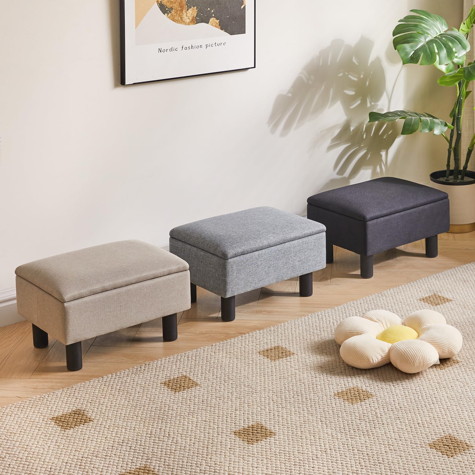 IBUYKE 16.54" Small Footstool, PU Faux Leather Step Stool, with Padded Seat Pine Wood Legs and Padded Rectangular Stool, for Bedroom, Black RF-BD210