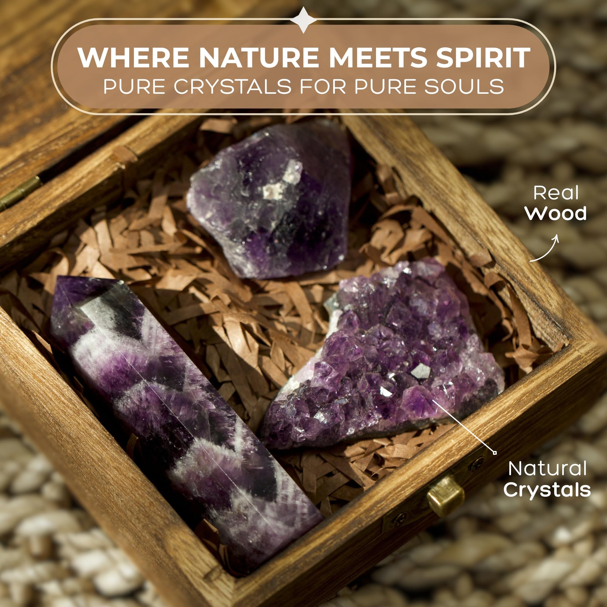 Anima Premium 7 Chakra Healing Crystals Set for Energy Alignment - Large Raw Amethyst, Rose Quartz, Citrine, Lapis Lazuli, Clear Quartz, Tigers Eye & Red Jasper - Wooden Gift Box & Guidebook Included