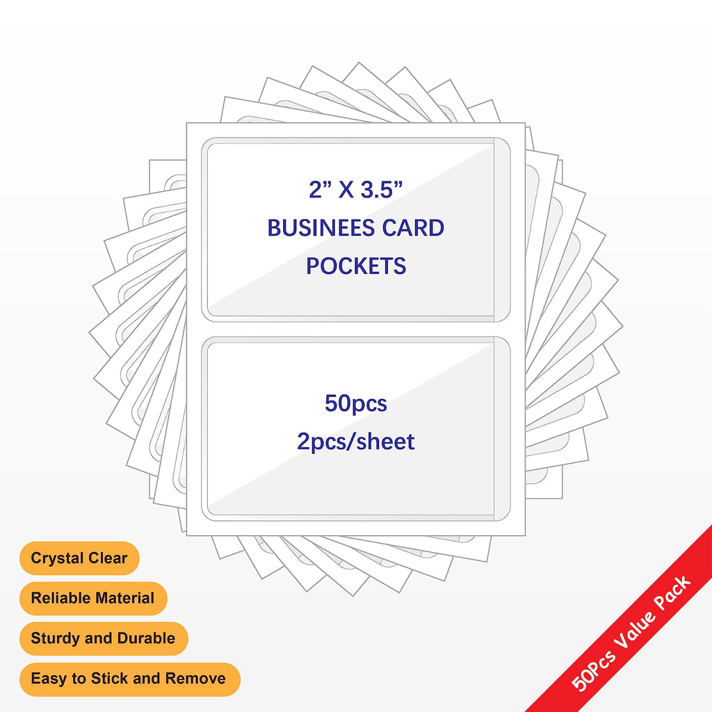 IMAGAME Clear Adhesive Business Card Pocket swith Side Open for Loading, 50 Pack, Plastic Labels Holders for Storage Bins and Library Card, Ideal for Organizing and Protecting Your Business Cards