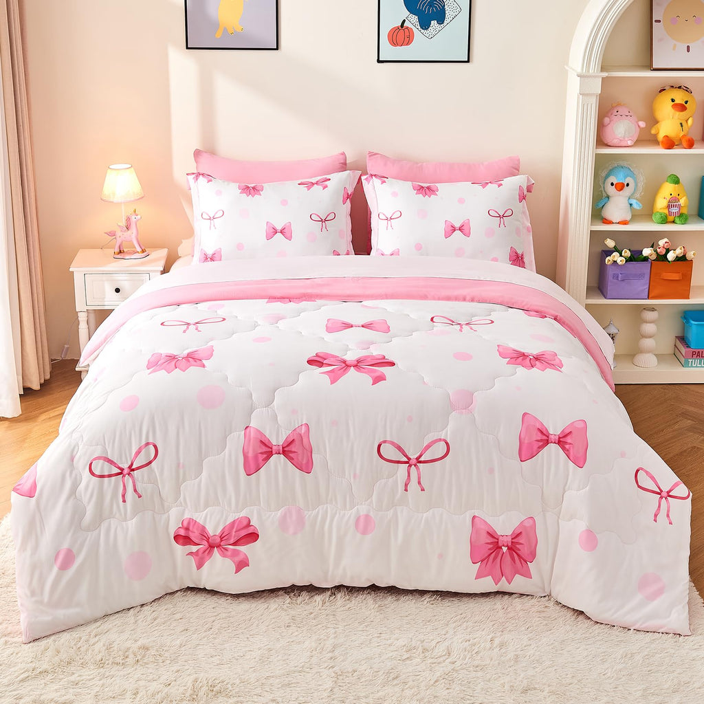 Wajade 7 Piece Blue Bow Comforter Set for Girls Kids Twin Size Bedding Set with Sheet and 2 Pillowcases 2 Pillow Shams Cute Girls Bed in a Bag as Birthday Choice
