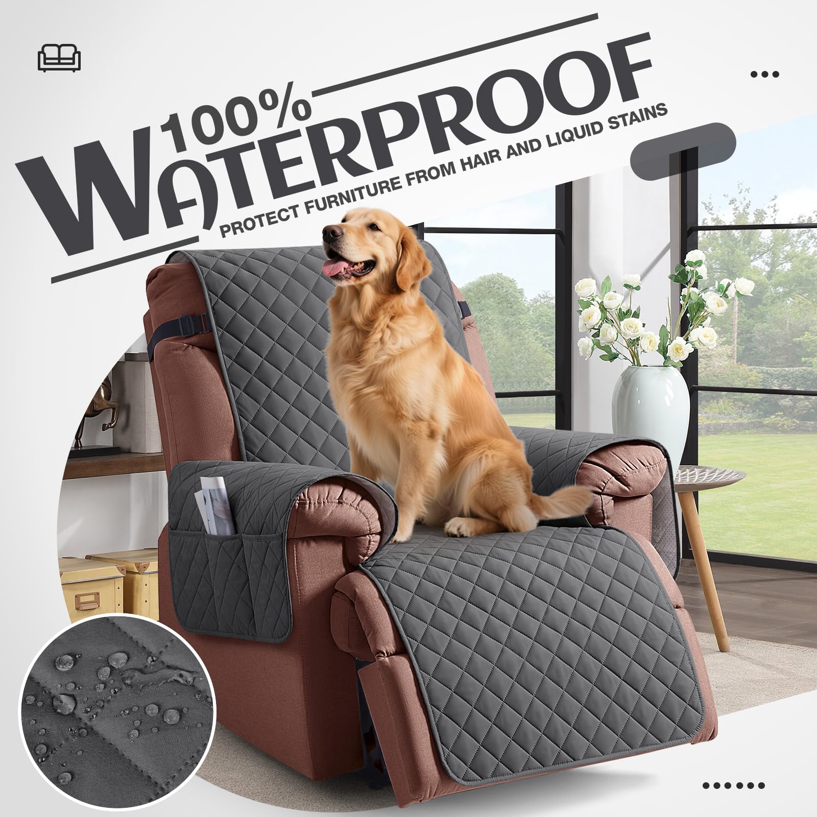 KinCam 100% Waterproof Recliner Chair Cover, Reclining Couch Covers for Pets, Dogs, Recliner Couch Slipcover Furniture Protector with Elastic Straps for Kids(23.6", Beige White)