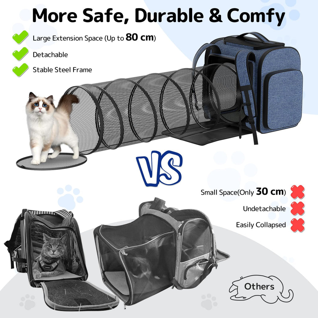 Cat Carrier Backpack with Detachable Play Tunnel, 2 in 1 Cat Tunnel Backpack Suitable for Carrying & Playing, Expandable Pet Carrier for Small Medium Kitten Puppy, Suitable for Travel Hiking Camping
