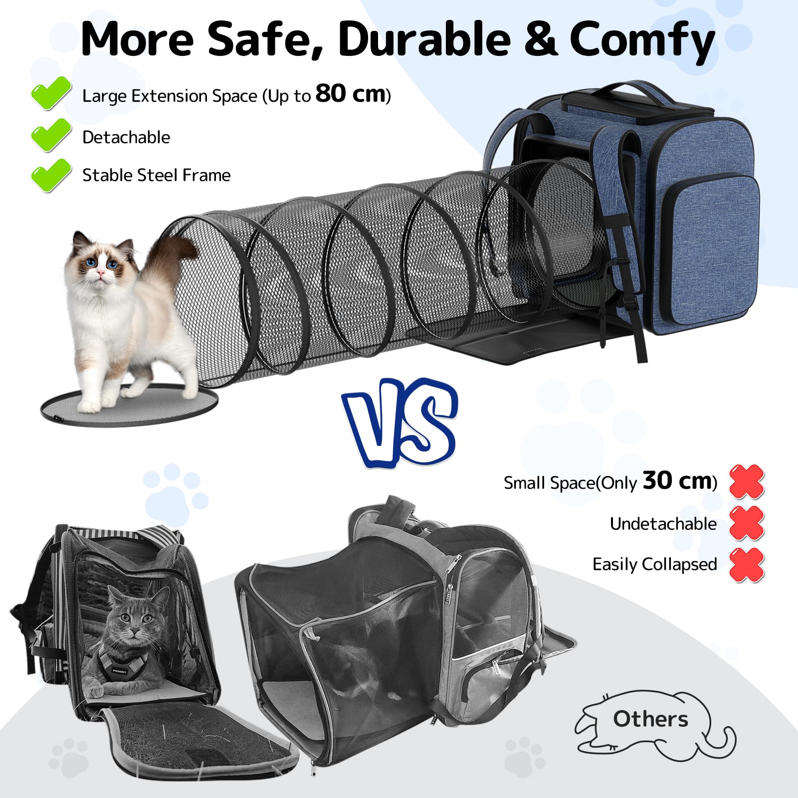 Cat Carrier Backpack with Detachable Play Tunnel, 2 in 1 Cat Tunnel Backpack Suitable for Carrying & Playing, Expandable Pet Carrier for Small Medium Kitten Puppy, Suitable for Travel Hiking Camping