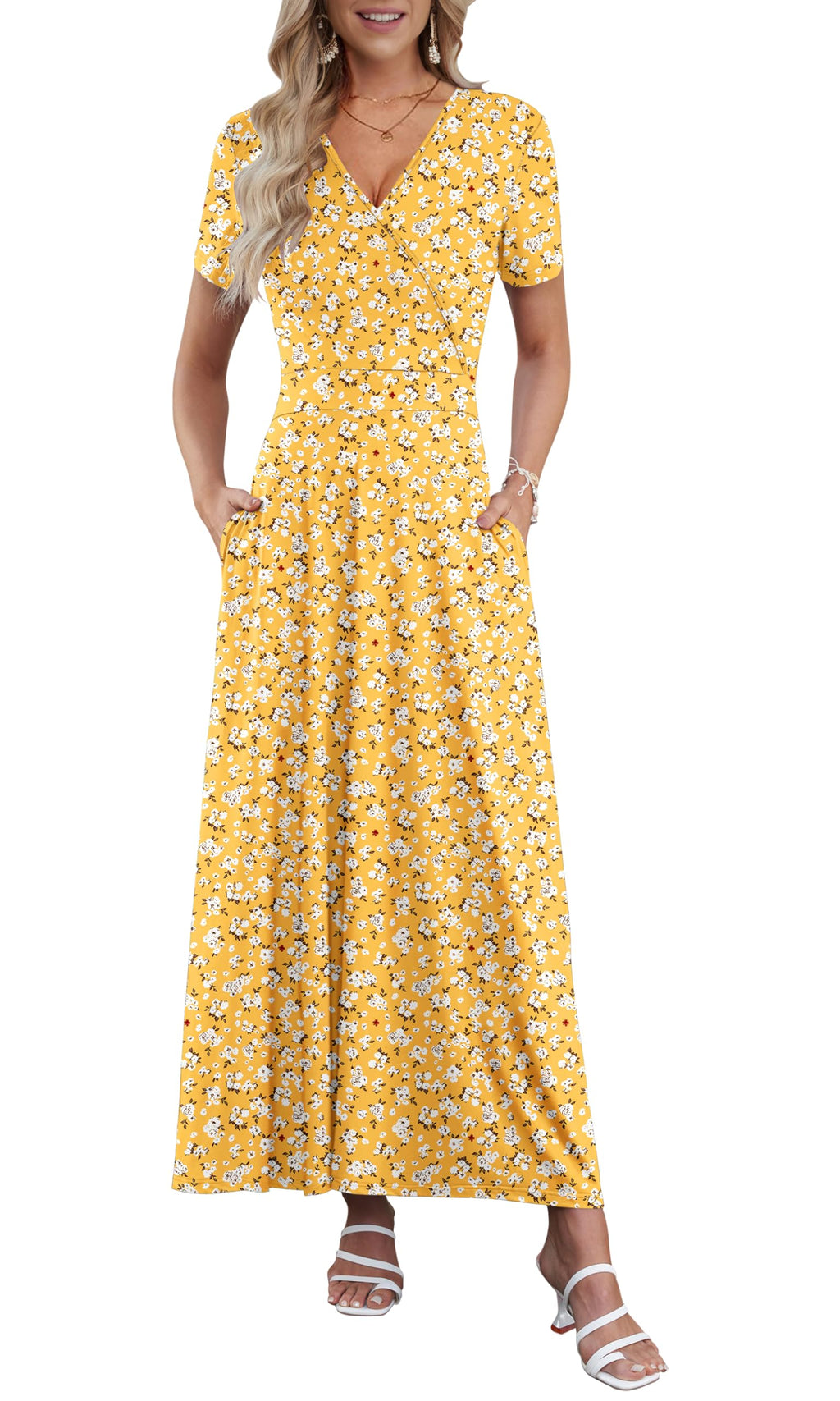 AUSELILY Maxi Dresses for Women Ankle Length Floral Print Beach Long Flowy Dress with Pockets