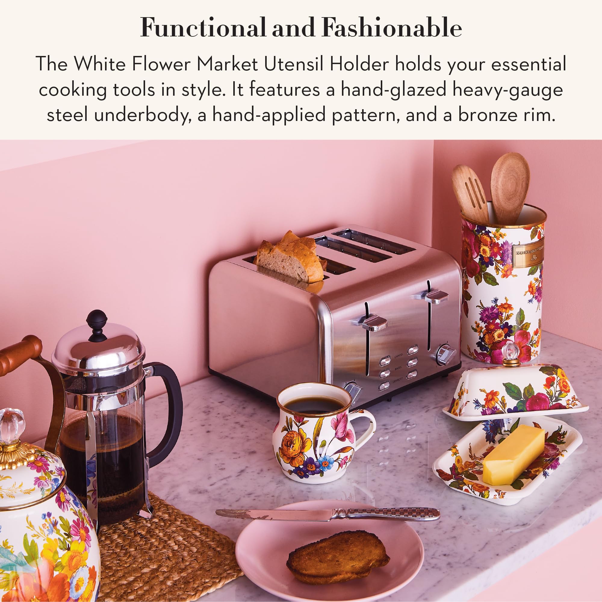 MACKENZIE-CHILDS Enamel Utensil Holder, Stylish Kitchen Countertop Organizer, Wild Rose Brown