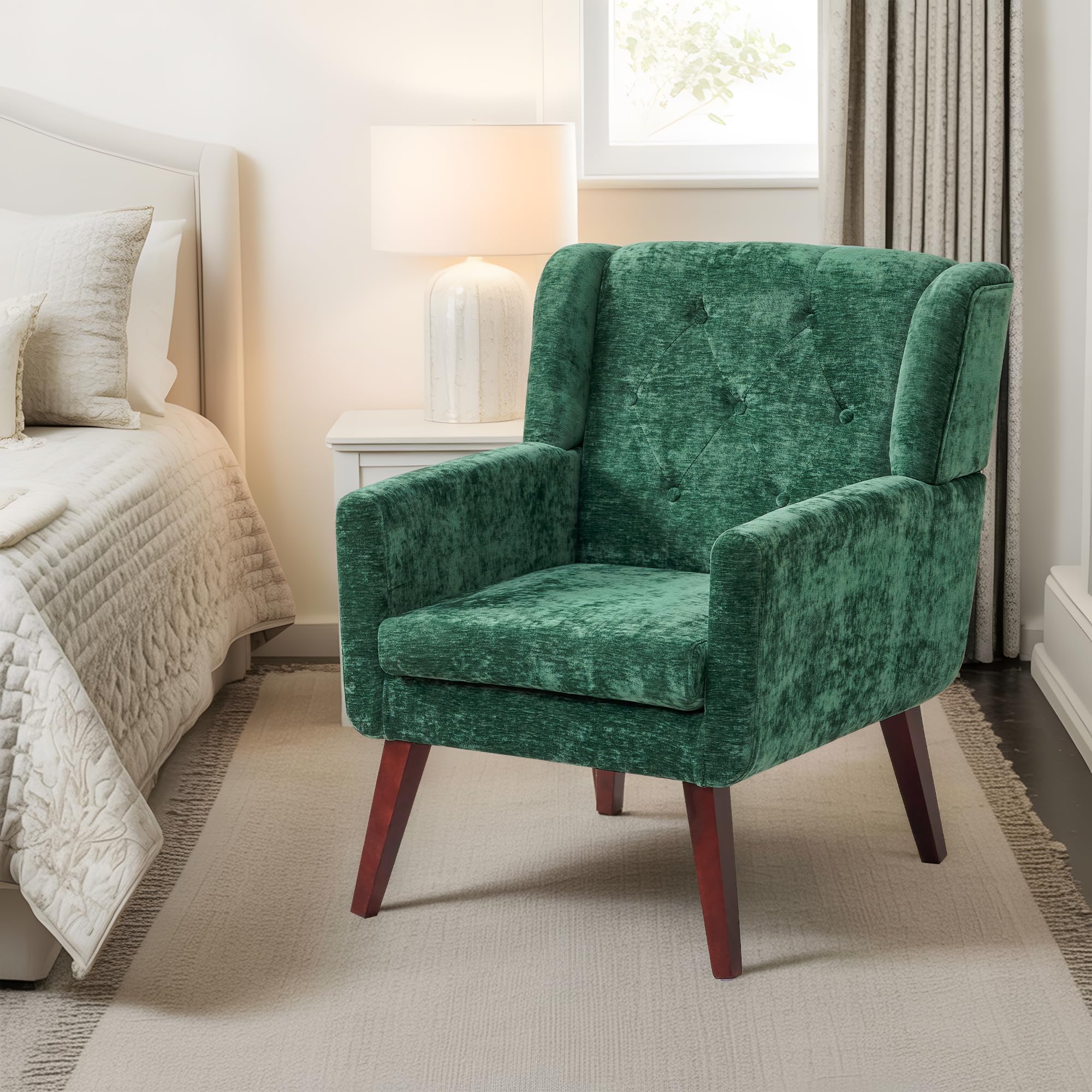 Living&Giving Accent Chair Button-Tufted Upholstered Living Room Chairs Comfy Reading Mid Century Modern with Linen Fabric Lounge Arm for Bedroom (Beige) 29.33D x 28.94W x 34.65H Inch