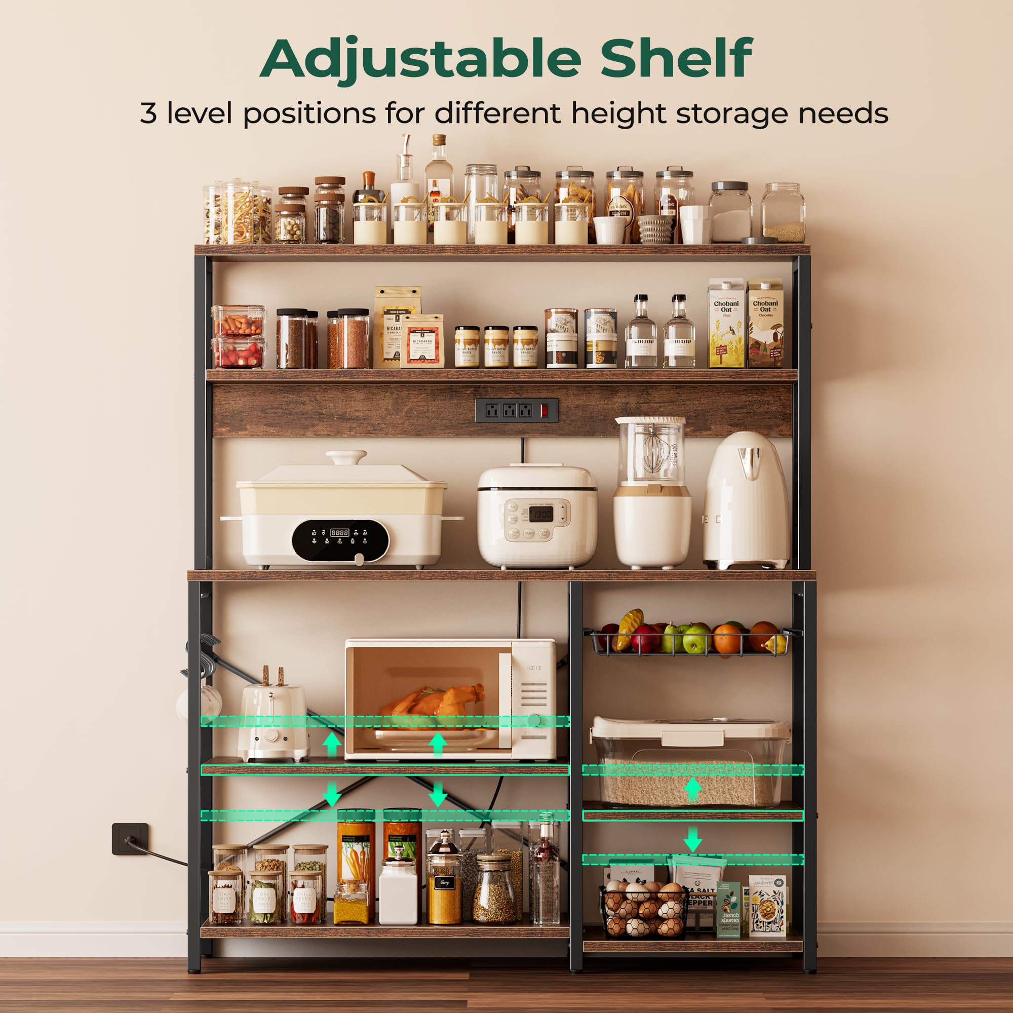 SUPERJARE Bakers Rack with Power Outlet, 35.4 Inches Coffee Bar with Wire Basket, Kitchen Microwave Stand with 6 S-Shaped Hooks, Open Storage Shelves, Black