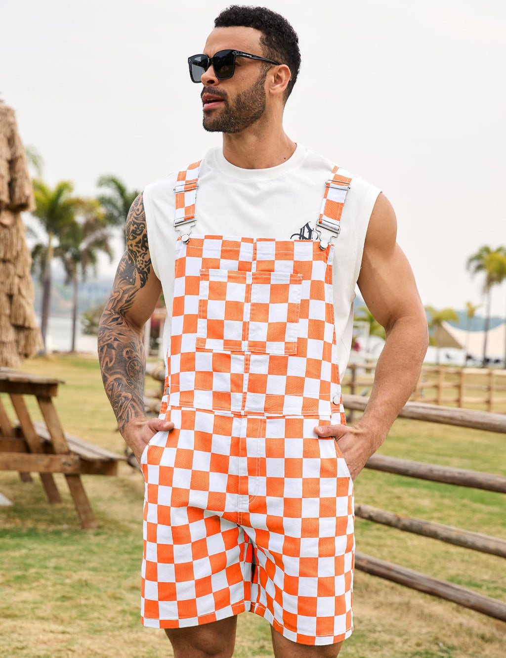 Odefou Checkered Bib Overalls for Men Jumpsuit Shorts Work Coveralls