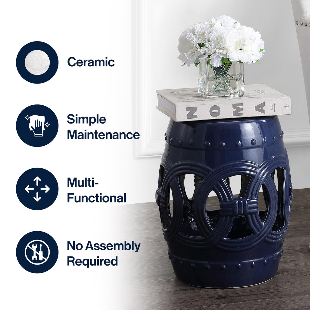 JONATHAN Y Lucky Coins 16" Ceramic Garden Stool, Contemporary Blue/White Cutout Interlocking Rings Drum Indoor/Outdoor Side Table and Plant Stand for Patio, Garden, Living Room TBL1027A