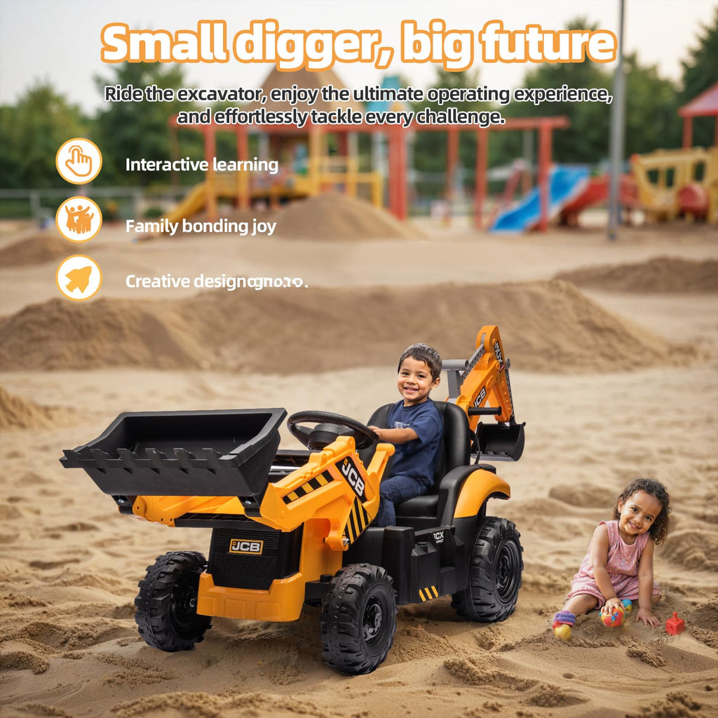 24V JCB Ride On Excavator for Kids, 3-in-1 Ride On Backhoe Digger with Front Loader & Rear Arm, Remote Control, Slow Start/Stop, Adjustable Speeds, Electric Construction Vehicle Toy for Ages 3–8