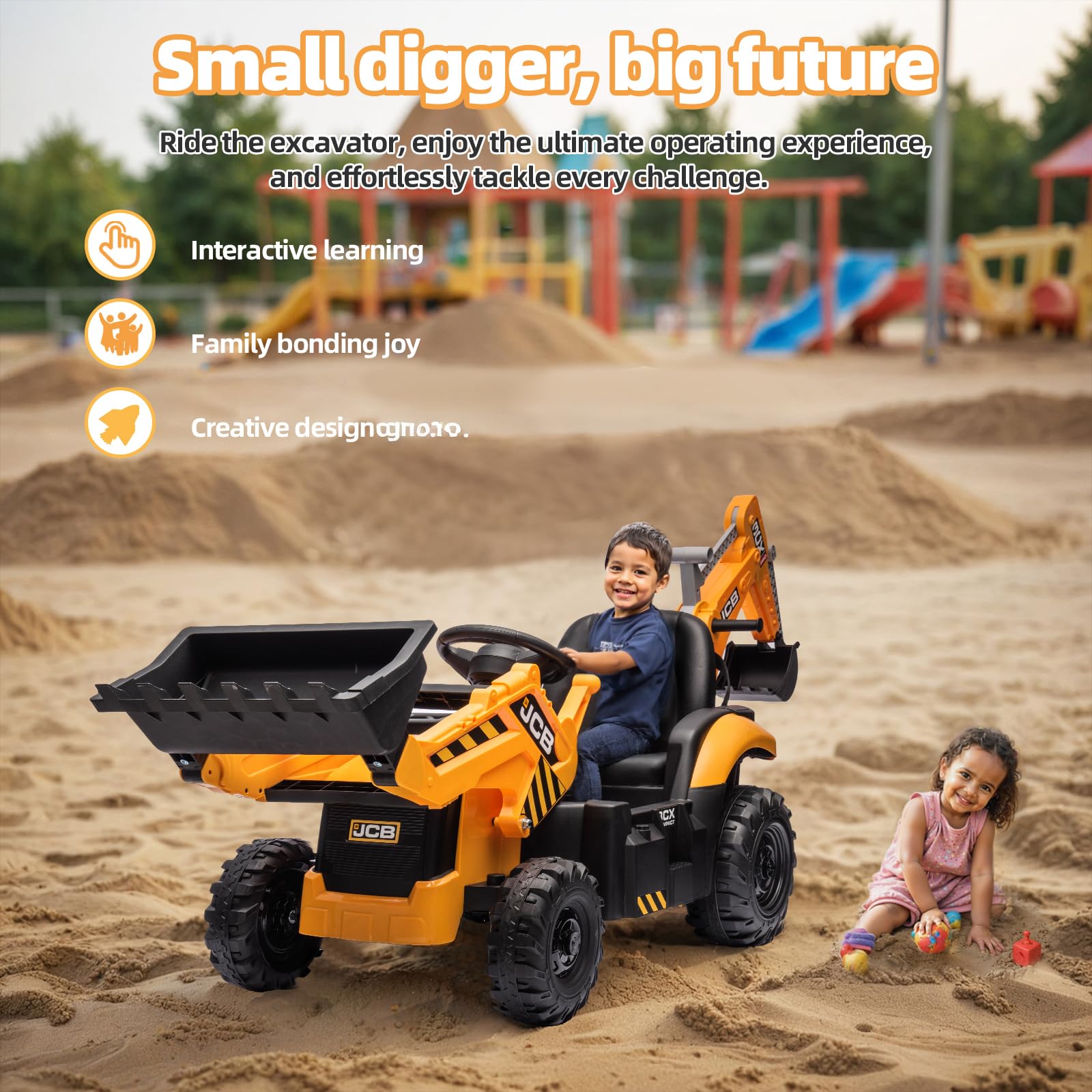 24V JCB Ride On Excavator for Kids, 3-in-1 Ride On Backhoe Digger with Front Loader & Rear Arm, Remote Control, Slow Start/Stop, Adjustable Speeds, Electric Construction Vehicle Toy for Ages 3–8