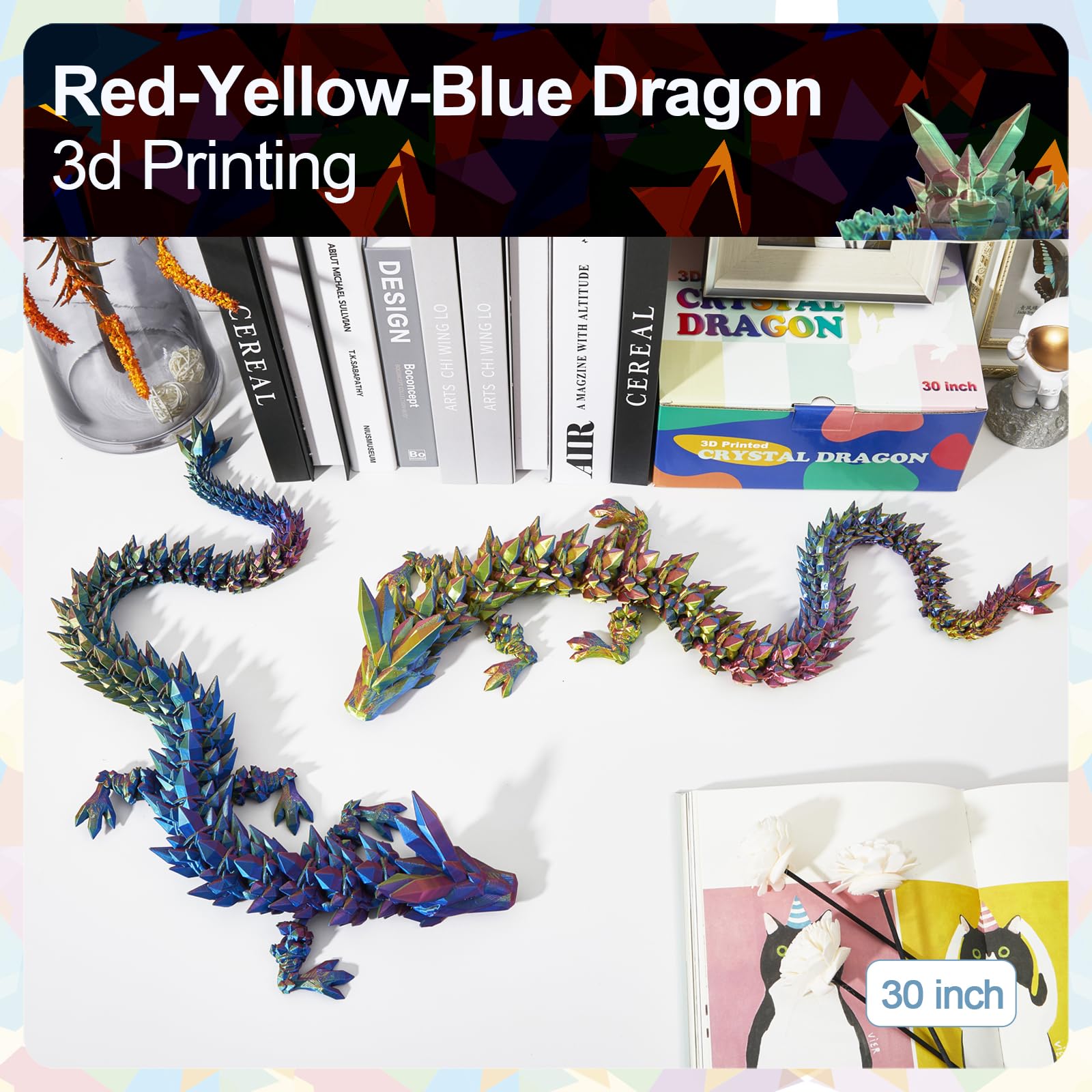 24" Large 3D Printed Dragon - Huge Articulated Crystal Dragon Fidget Toy, Giant Flexible 3D Dragon Figure, Birthday Gift for Boys Girls Kids & Collectors, Home Office Executive Desk Decor