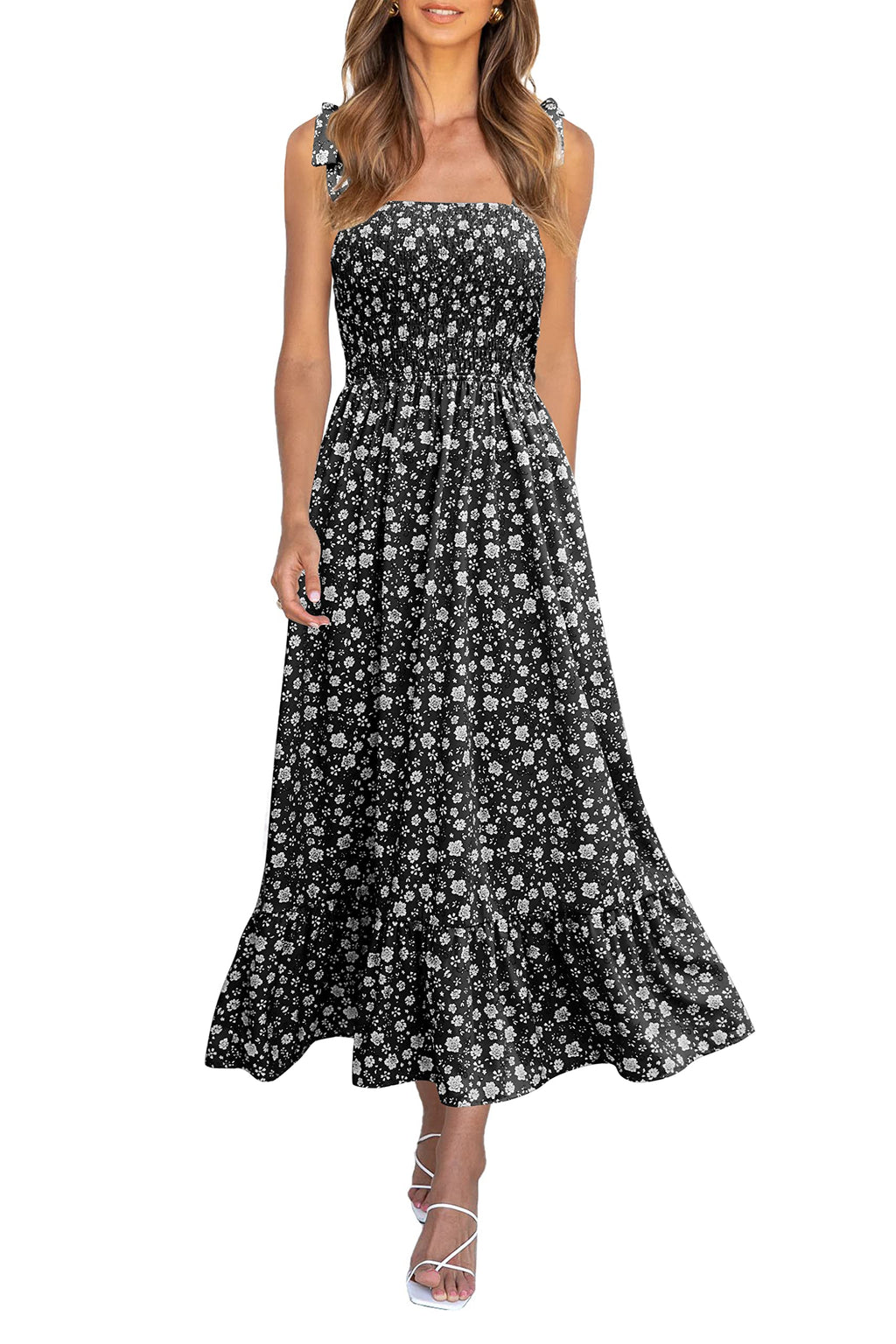 Imily Bela Womens Summer Floral Maxi Dress Boho Tie Strap Sleeveless Smocked A Line Beach Sundress Long Dresses