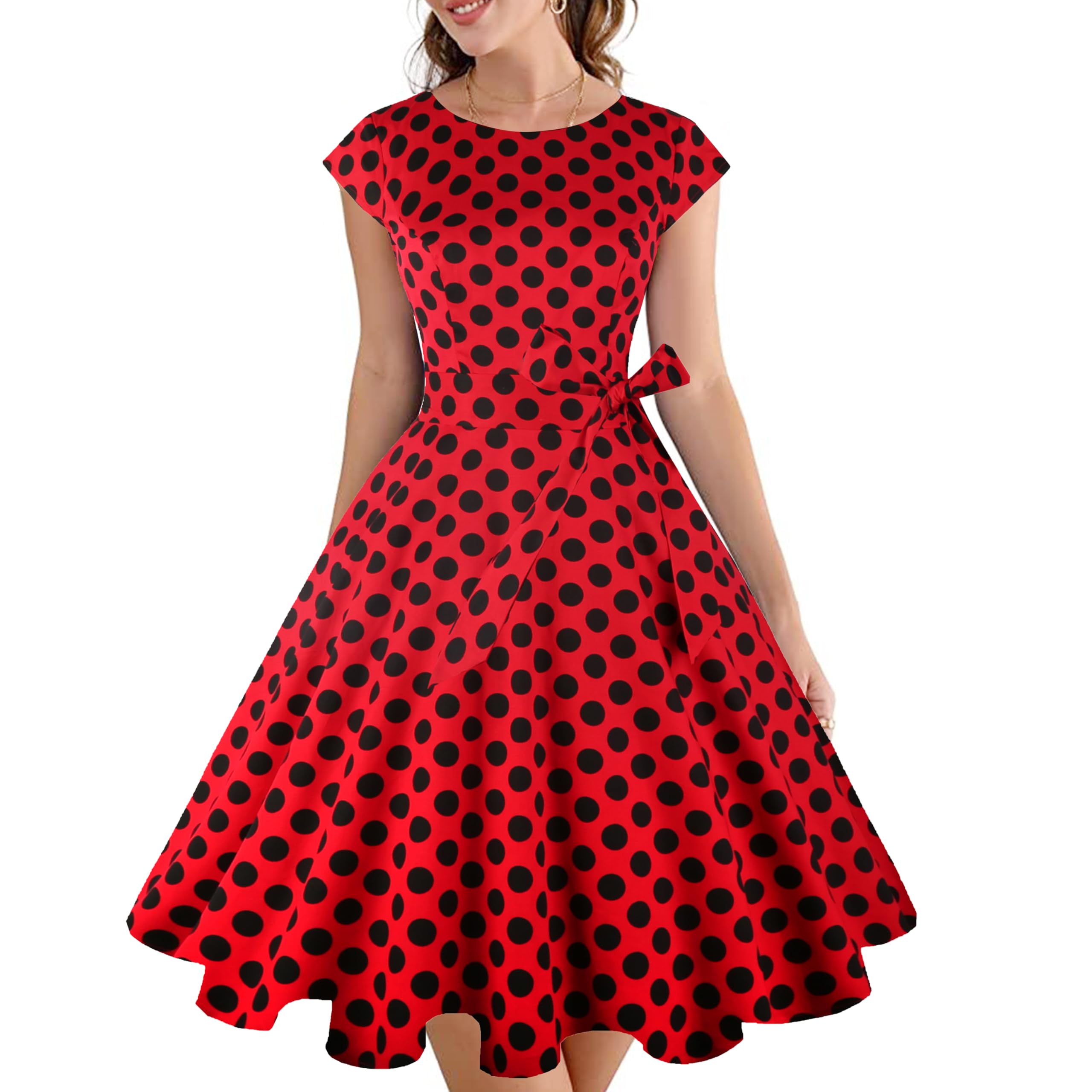 PUKAVT Women's 1950 Boatneck Cap Sleeve Vintage Swing Cocktail Party Dress with Pockets