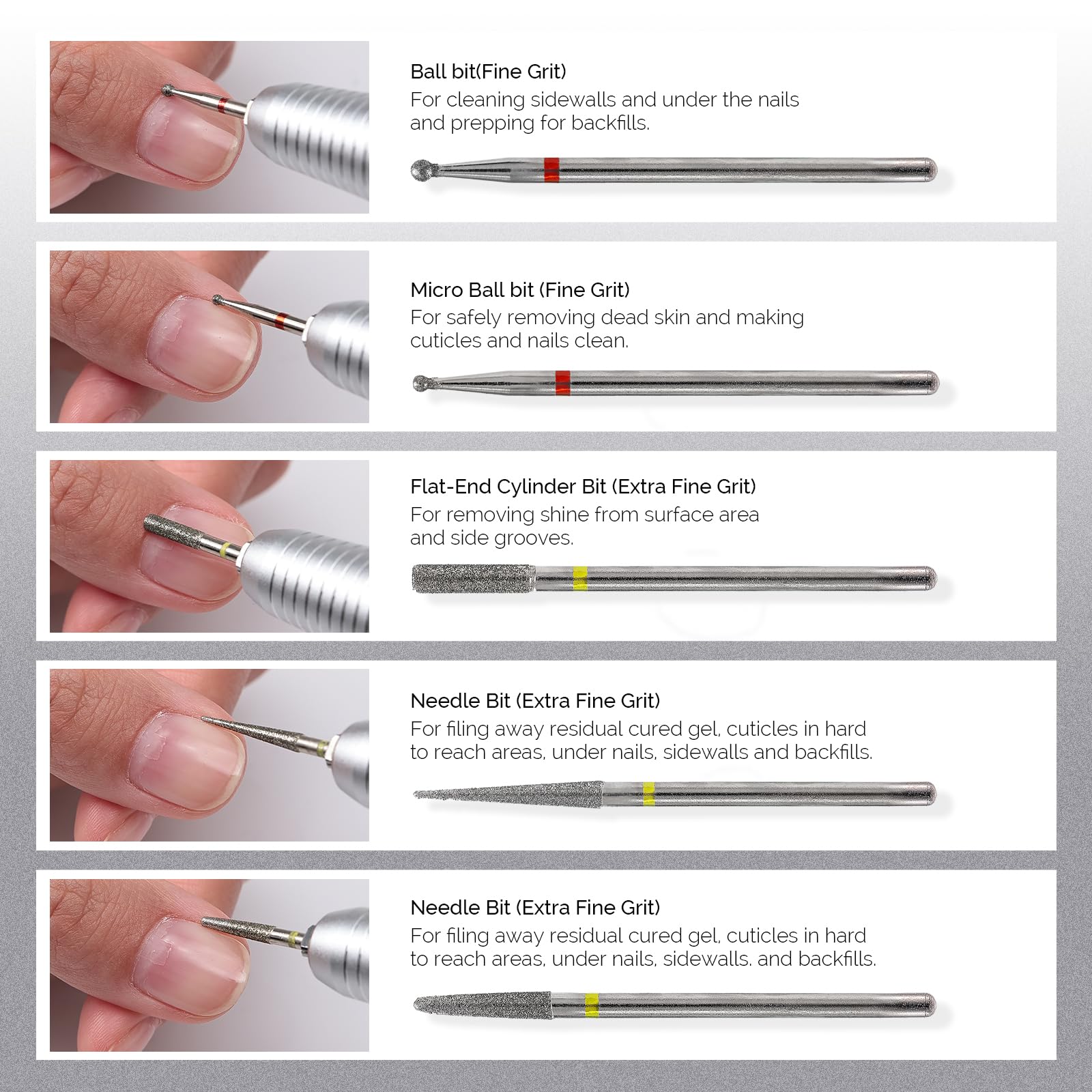 MelodySusie 10pcs Nail Drill Bits Set, 3/32 Inch Diamond Cuticle Bits for Nail Drill E-File, Manicure Pedicure Remover Tools for Acrylic Gel Nails, Salon Home Use Nail Care Supplies, Rainbow