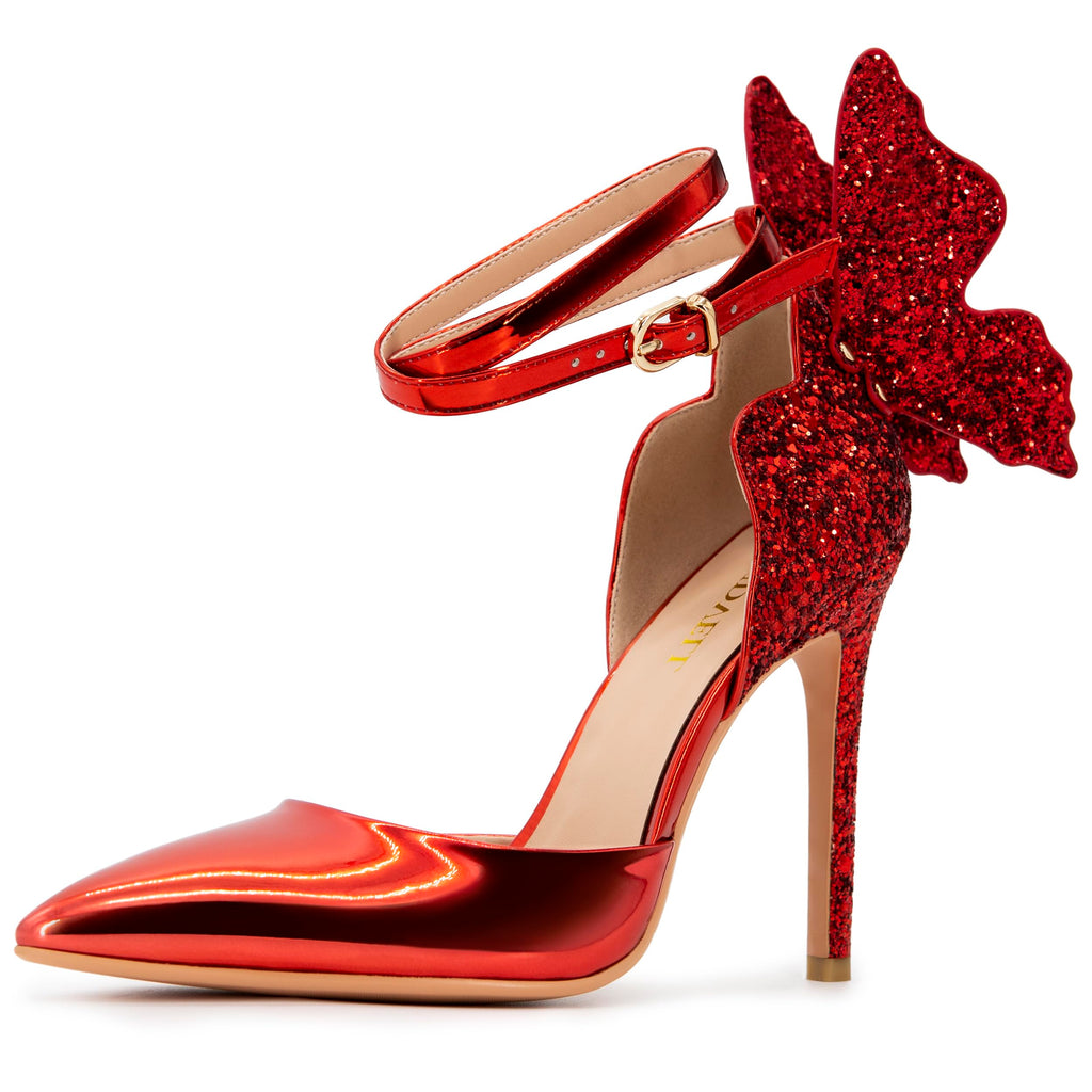 FINDVELL Gold High Heels Butterfly Back Sexy Stiletto Pumps Closed Toe Sparkly Ankle Strap Heels Sandals Dress Shoes for Women