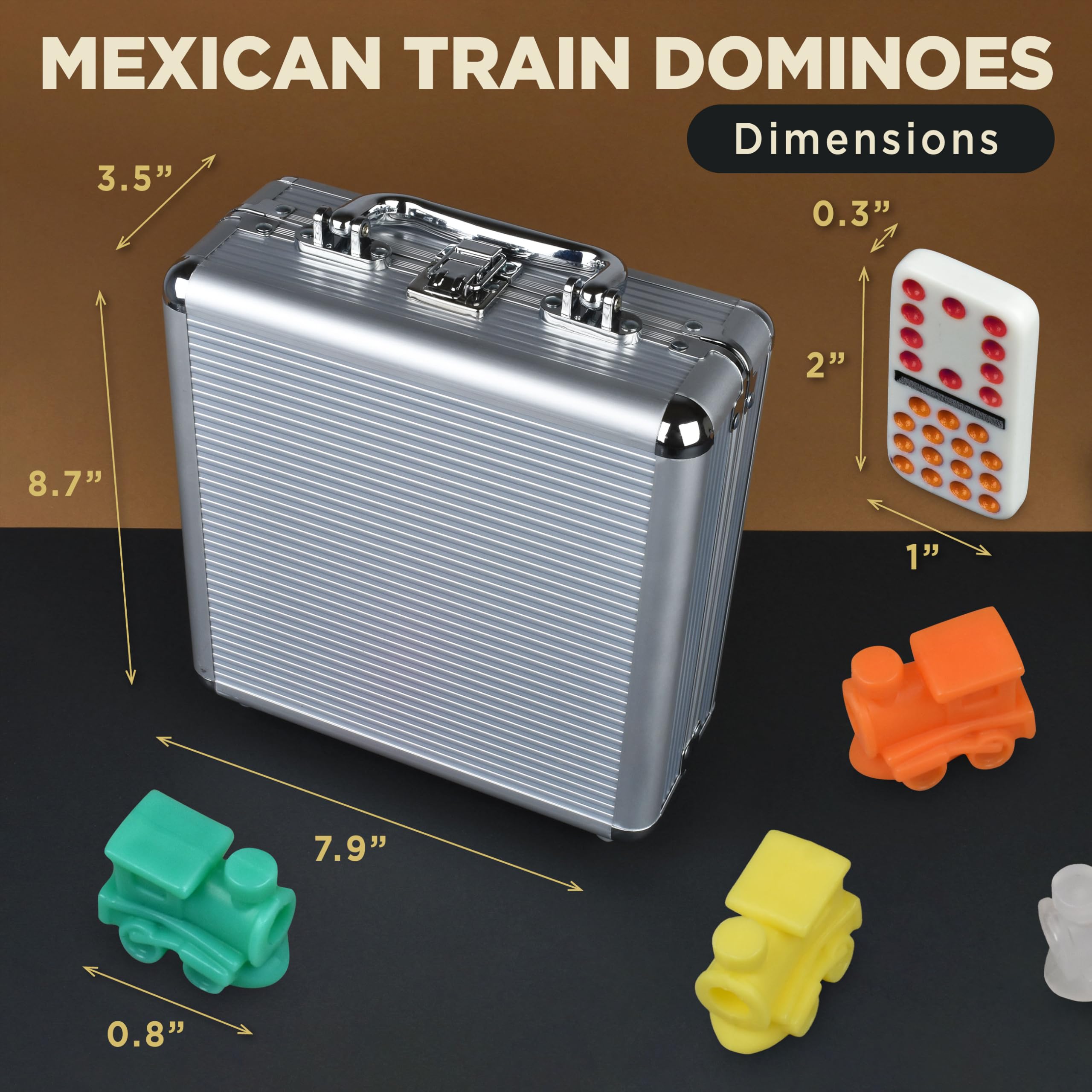 Queensell Mexican Train Dominoes Set Double 15 for Adults and Family, Mexican Train Double 15 Dominoes Set Colored Dot - 136 Tiles, 9 Trains, Wooden Hub, Aluminum Case (Double 15)