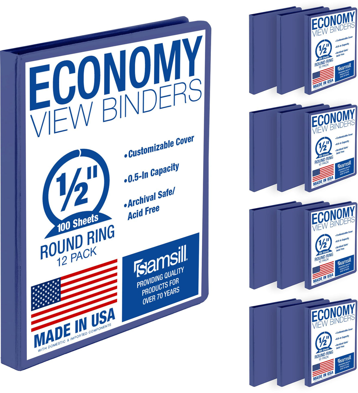 Samsill 1 Inch 3 Ring Binders, Economy Round Ring, Clear View Cover, 200 Sheet Capacity - for School, Home, Office - Blue, 4 Pack