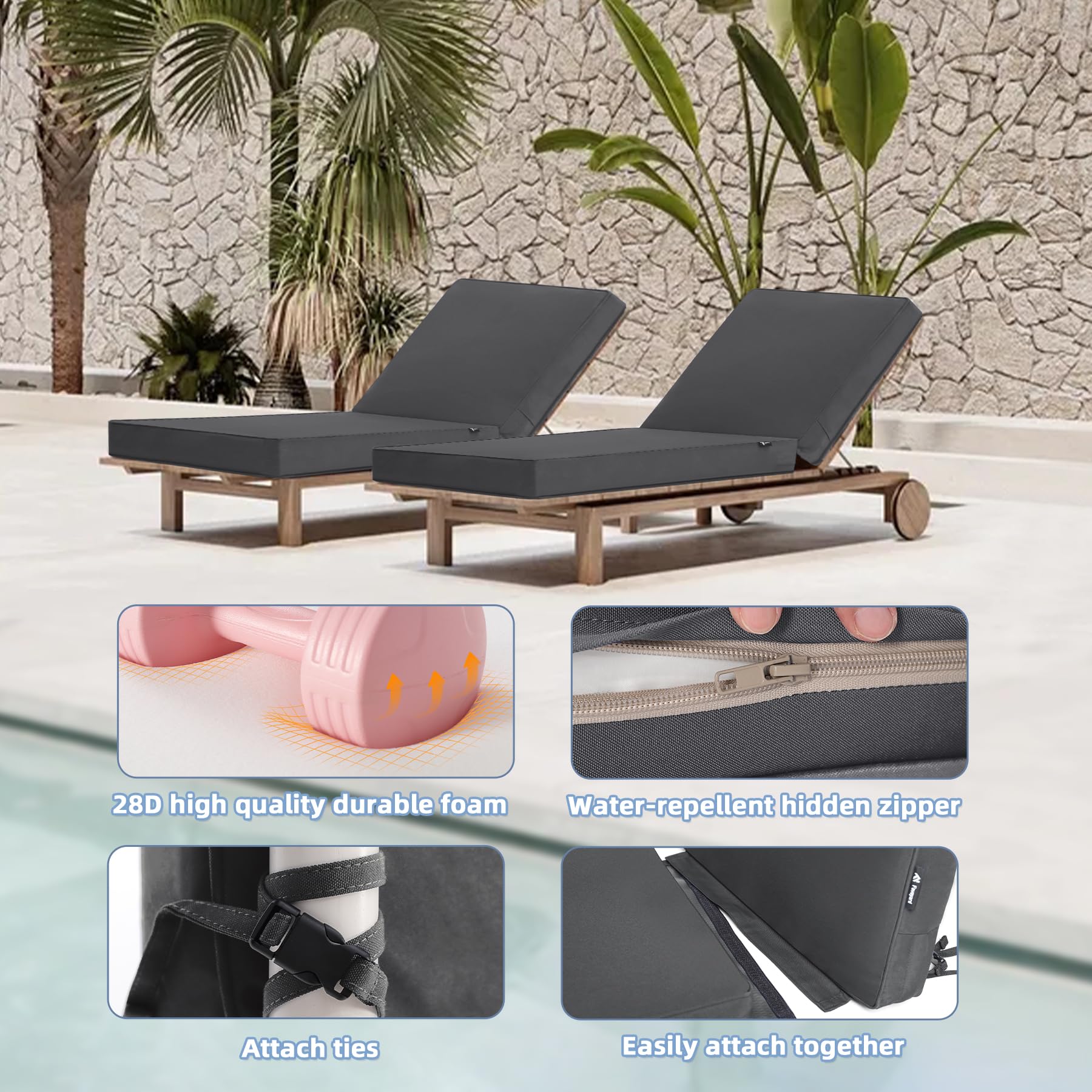 Favoyard Chaise Lounge Cushions Outdoor 72 x 21 x3 Inch Waterproof & 3-Year Fade Resistant Outdoor Lounge Chair Cushions with Removable Cover, Ties and Hidden Zipper for Patio Pool Lounge Chairs