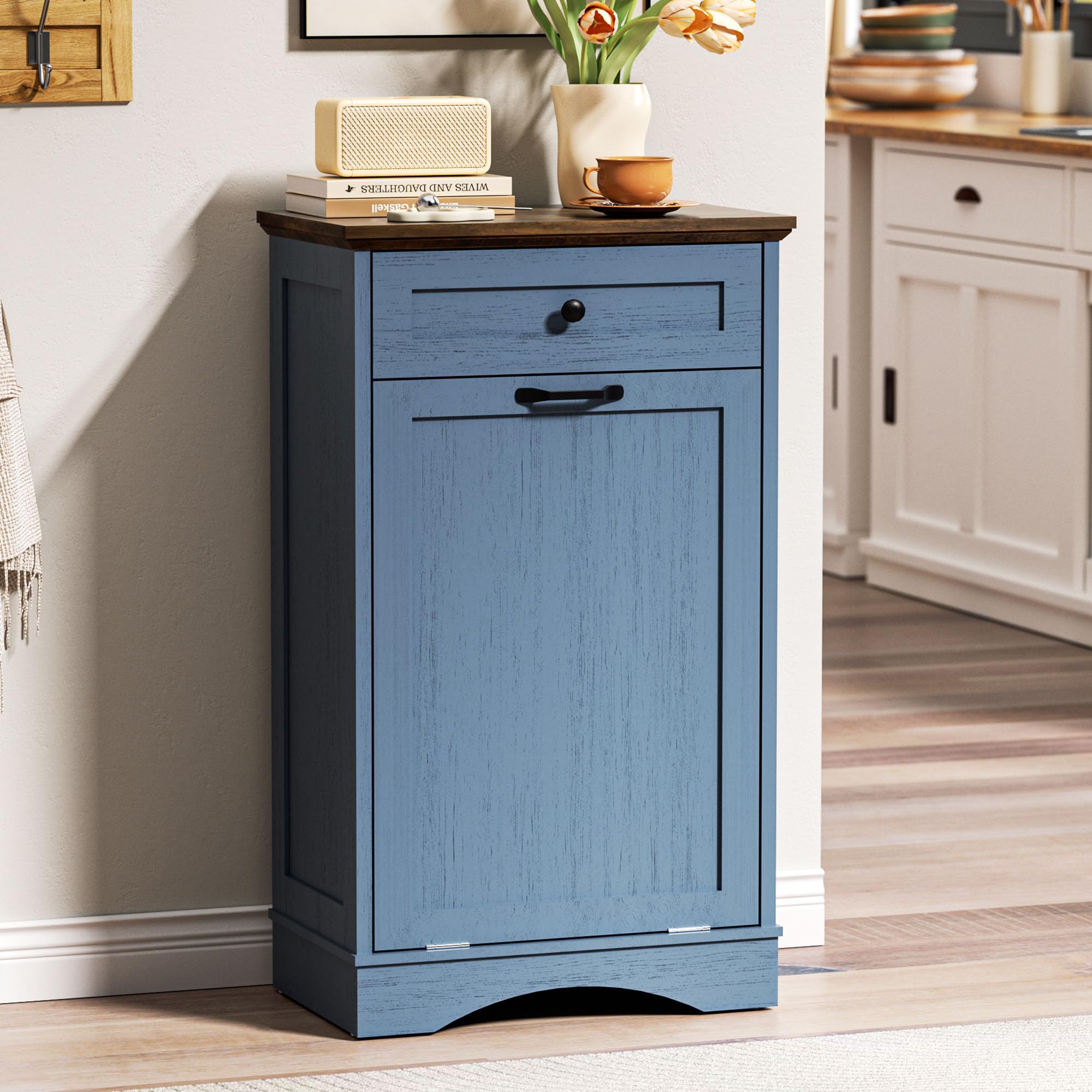 AHB Double Tilt Out Trash Can Cabinet Freestanding Kitchen Trash Can, 2x13 Gallons Hidden Garbage Recycling Cabinet with Hideaway Drawers Pet Proof Trash Can Holder for Kitchen, Antique White