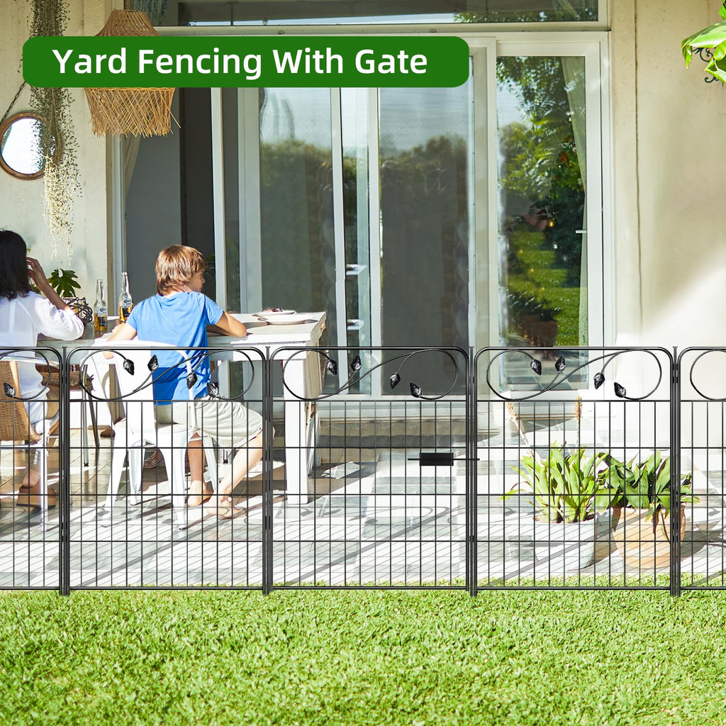 FOREHOGAR Decorative Metal Garden Fence 24in(H) X10ft(L) 5 Panels Leaf Black Rustproof Wire Border Fence for Landscape Patio Flower Bed Garden Fencing Panel Animal Barrier for Dogs