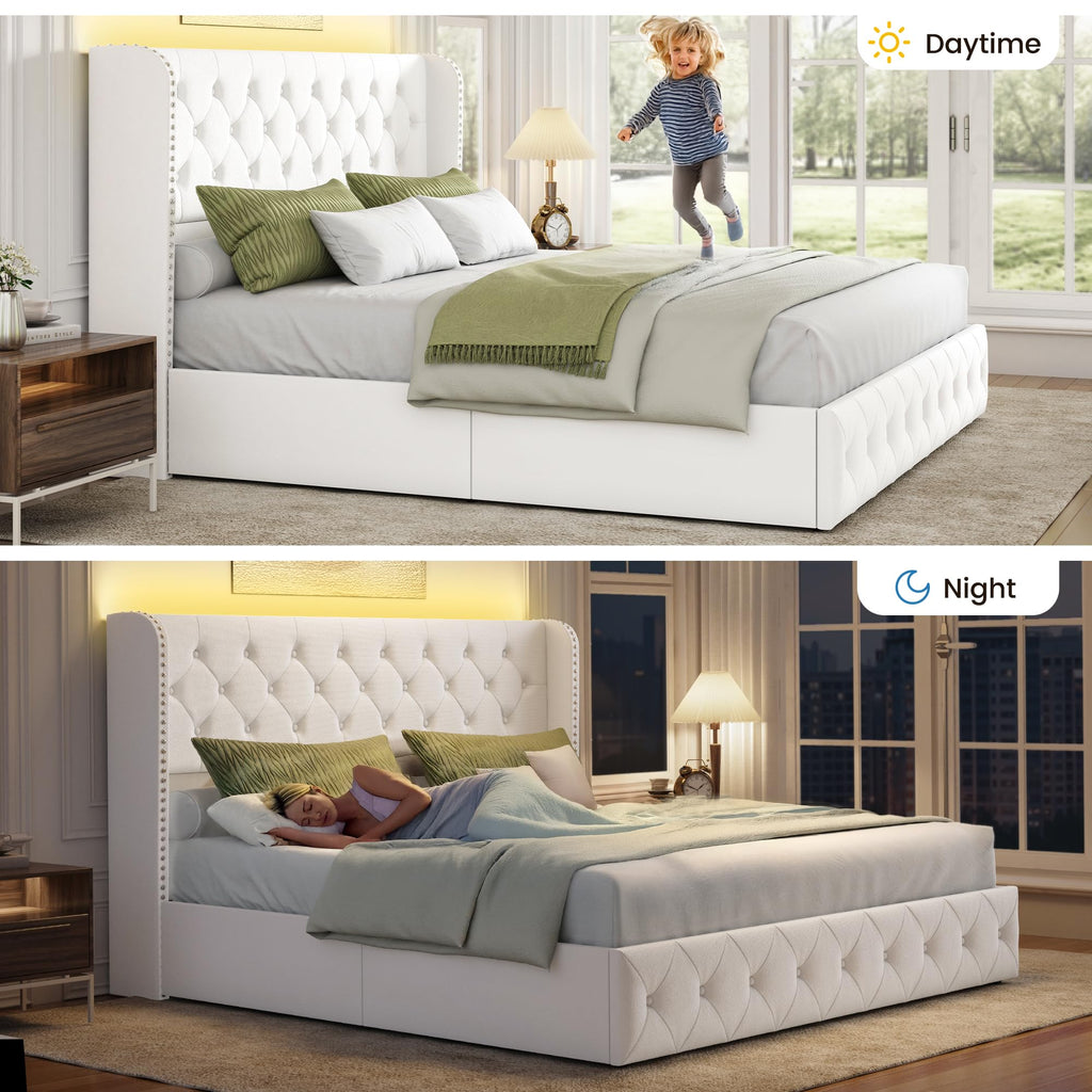 BRELTAM Full Size Bed Frame with Storage Drawers and Wingback Headboard Linen Upholstered Platform Bed Frame Tufted Beds with Heavy Duty Wood Slats, Noise Free, Easy Assembly, Beige