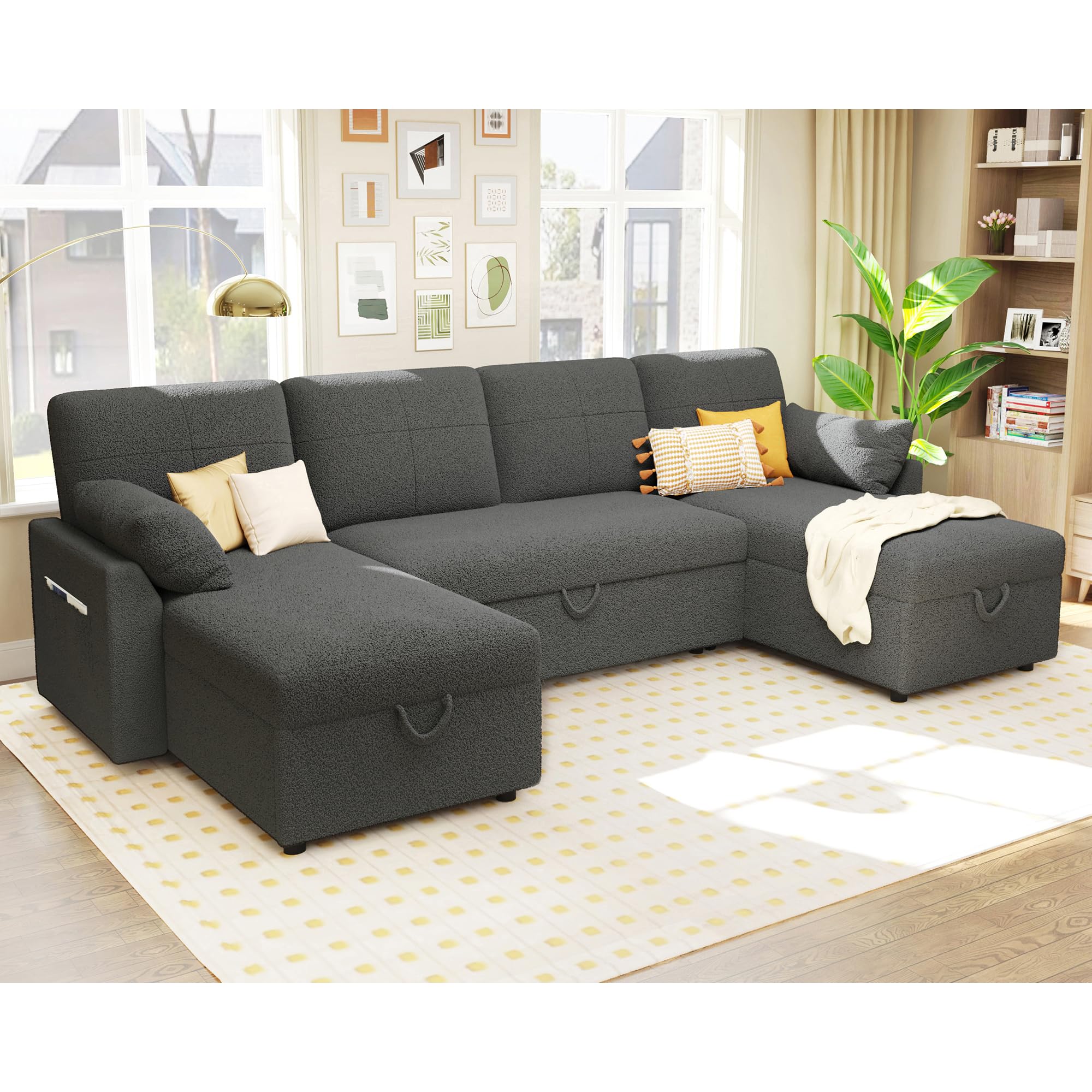 PaPaJet Sofa Bed, Sleeper Sofa with Storage Chaise, L Shaped Sofa with Pull Out Bed, Oversized Sofas for Living Room, Beige