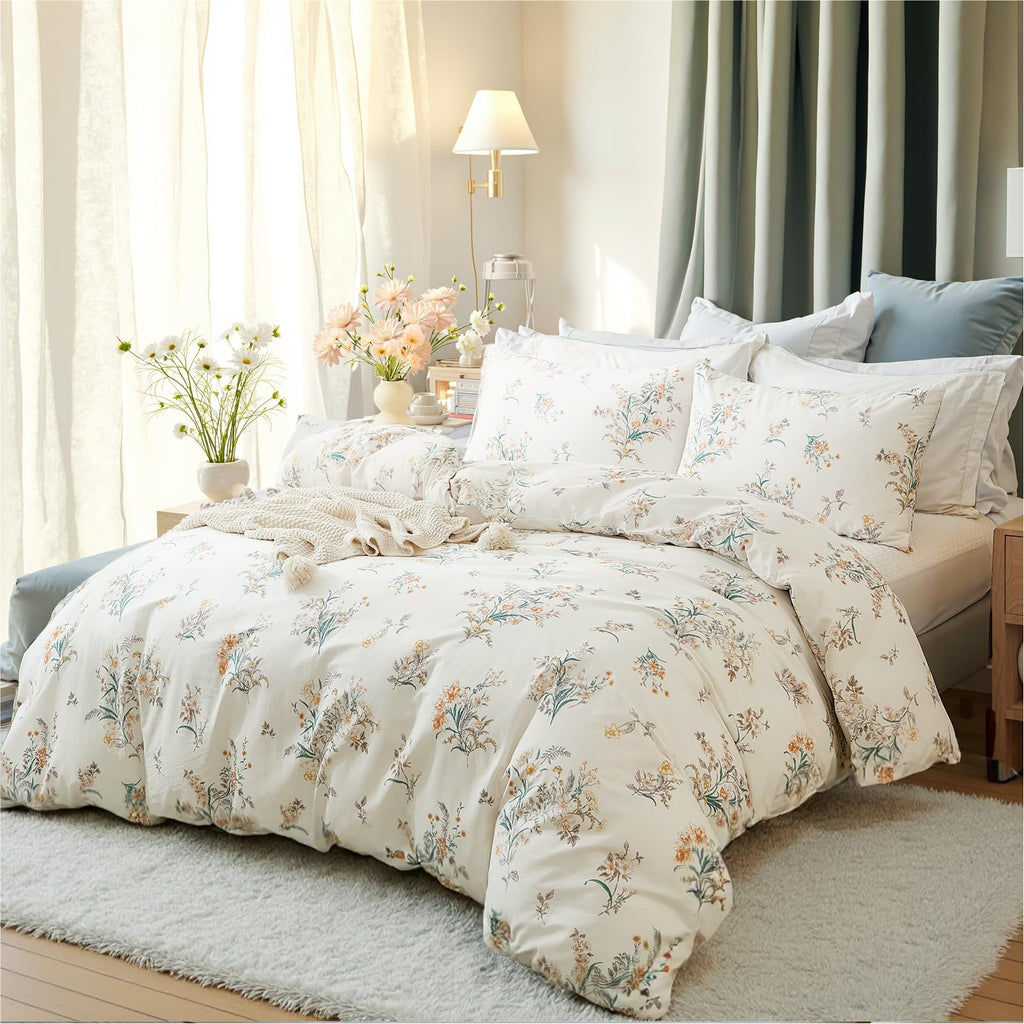 100% Natural Cotton Comforter Set Queen 3 Pcs Grayish Blue Bedding Sets with Luxurious Damask Pattern, Reversible Breathable Soft Comforter Sets for All Season
