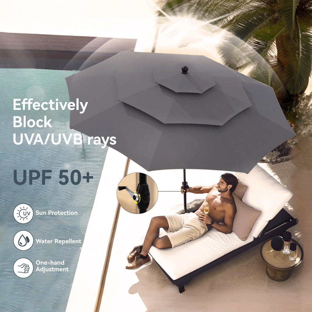PHI VILLA 10ft Patio Umbrellas, Outdoor 3 Tier Vented Large Market Table Umbrella with 8 Sturdy Ribs and 1.5" Umbrellla Pole for Lawn Poolside Garden Terrace, Beige(No Base)