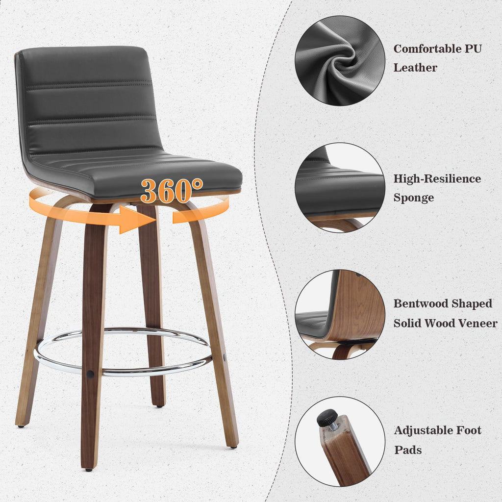 Bar Stools 29 Inch Bar Height, Swivel Bar Stools with Backs Upholstered PU Leather Barstool, L Shape Back and Padded Seat, Mid-Century Modern Bar Stool Pub Chairs for Kitchen Counter Island, Black