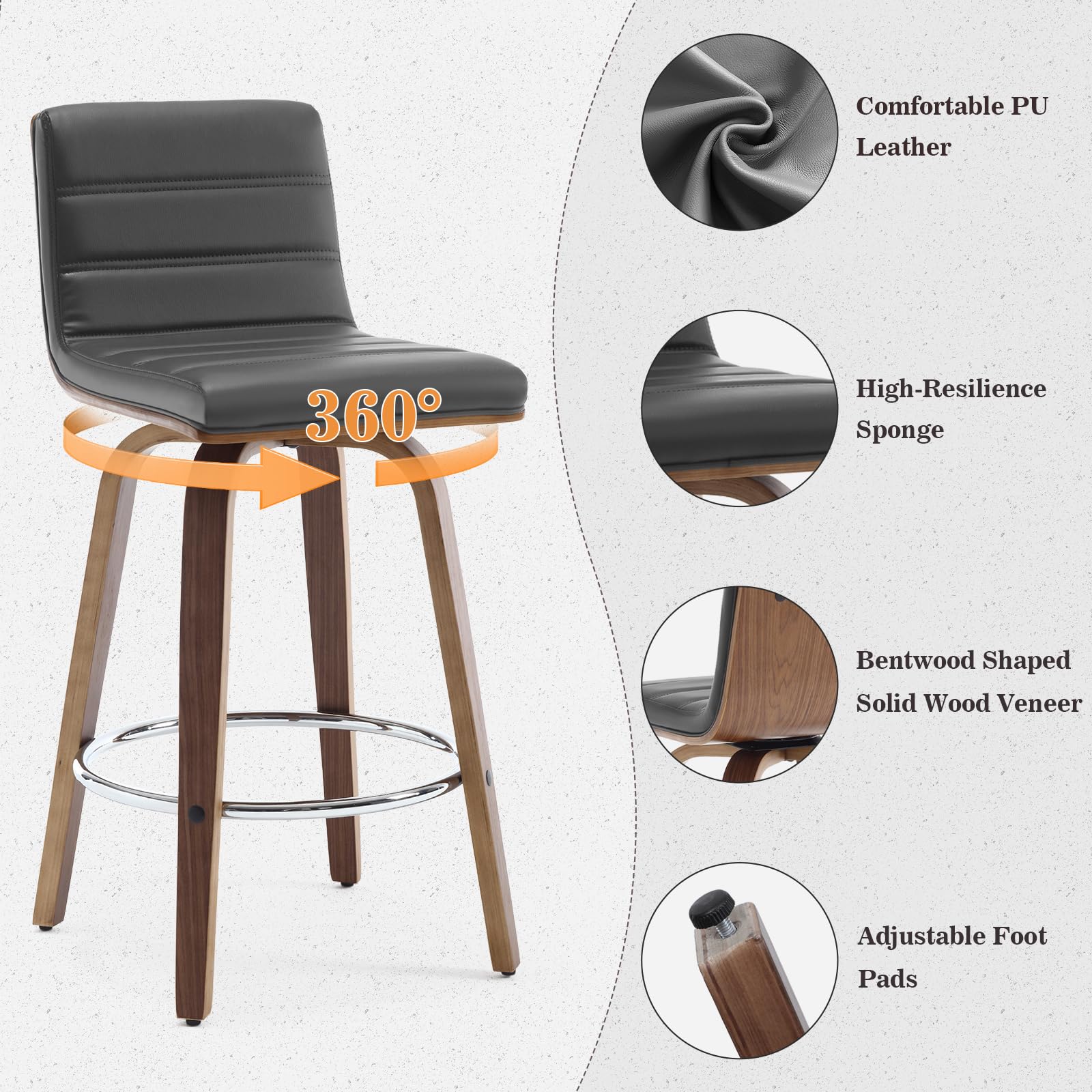 Bar Stools 29 Inch Bar Height, Swivel Bar Stools with Backs Upholstered PU Leather Barstool, L Shape Back and Padded Seat, Mid-Century Modern Bar Stool Pub Chairs for Kitchen Counter Island, Black