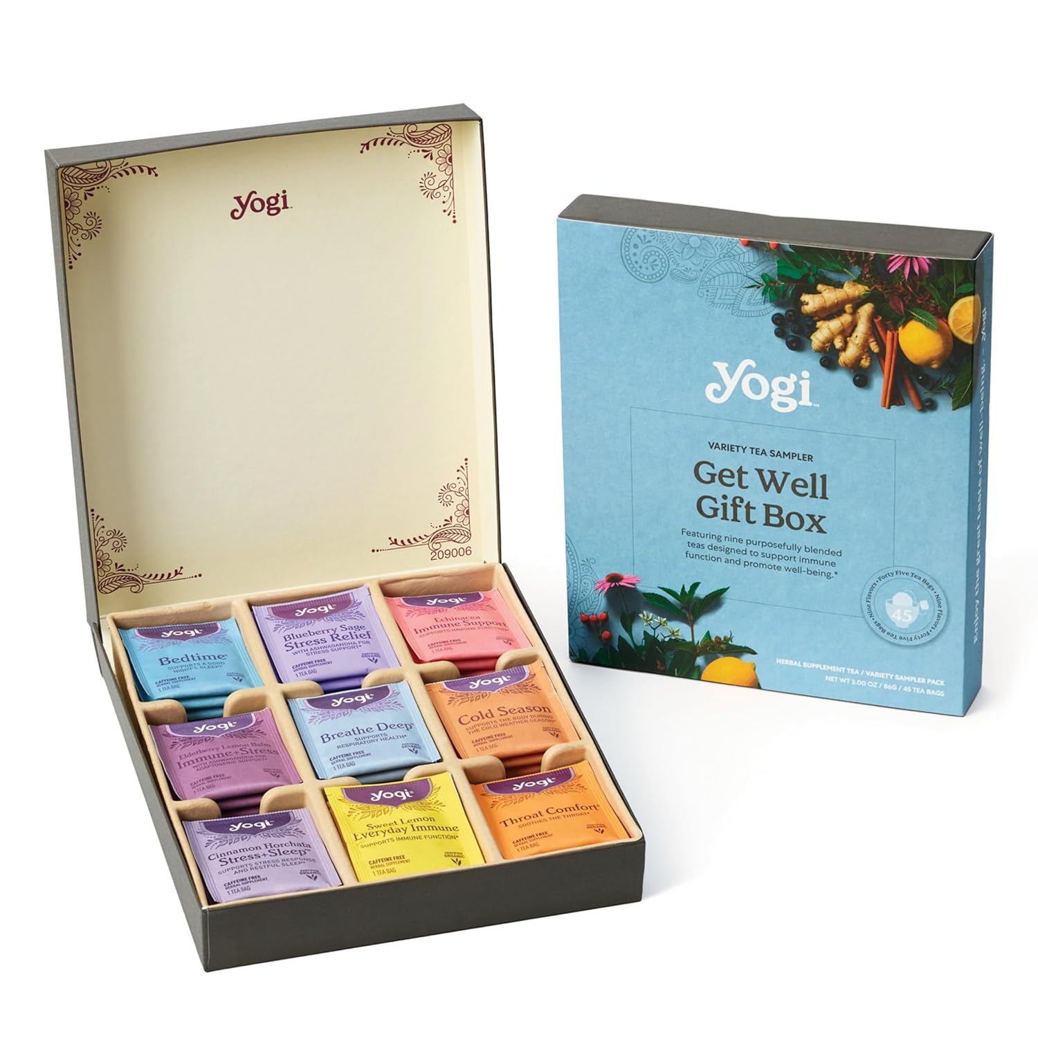 Yogi Organic Sampler Gift Box-5 Tea Bags per Flavor (45 Tea Bags)-Delicious Wellness Immunity Teas-9 Herbal Teas-Caffeine-Free Tea Variety Pack-Tea Gift Set