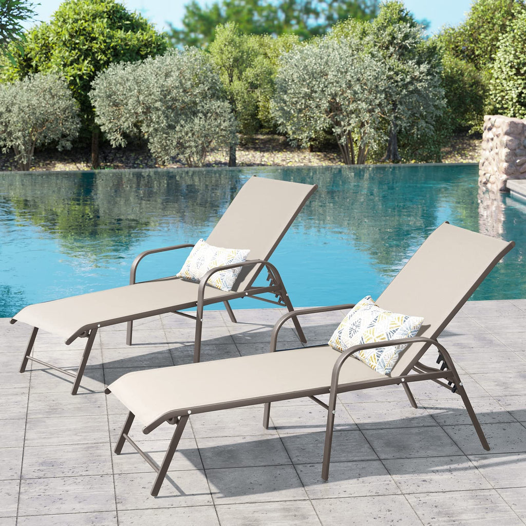 Crestlive Products Chaise Lounge Chair Outdoor with Armrests, Pool Lounge Chairs Set of 2, Aluminum Adjustable 5 Positions Sun Tanning Lounger for Patio, Poolside, Yard, Deck, Backyard (Beige)