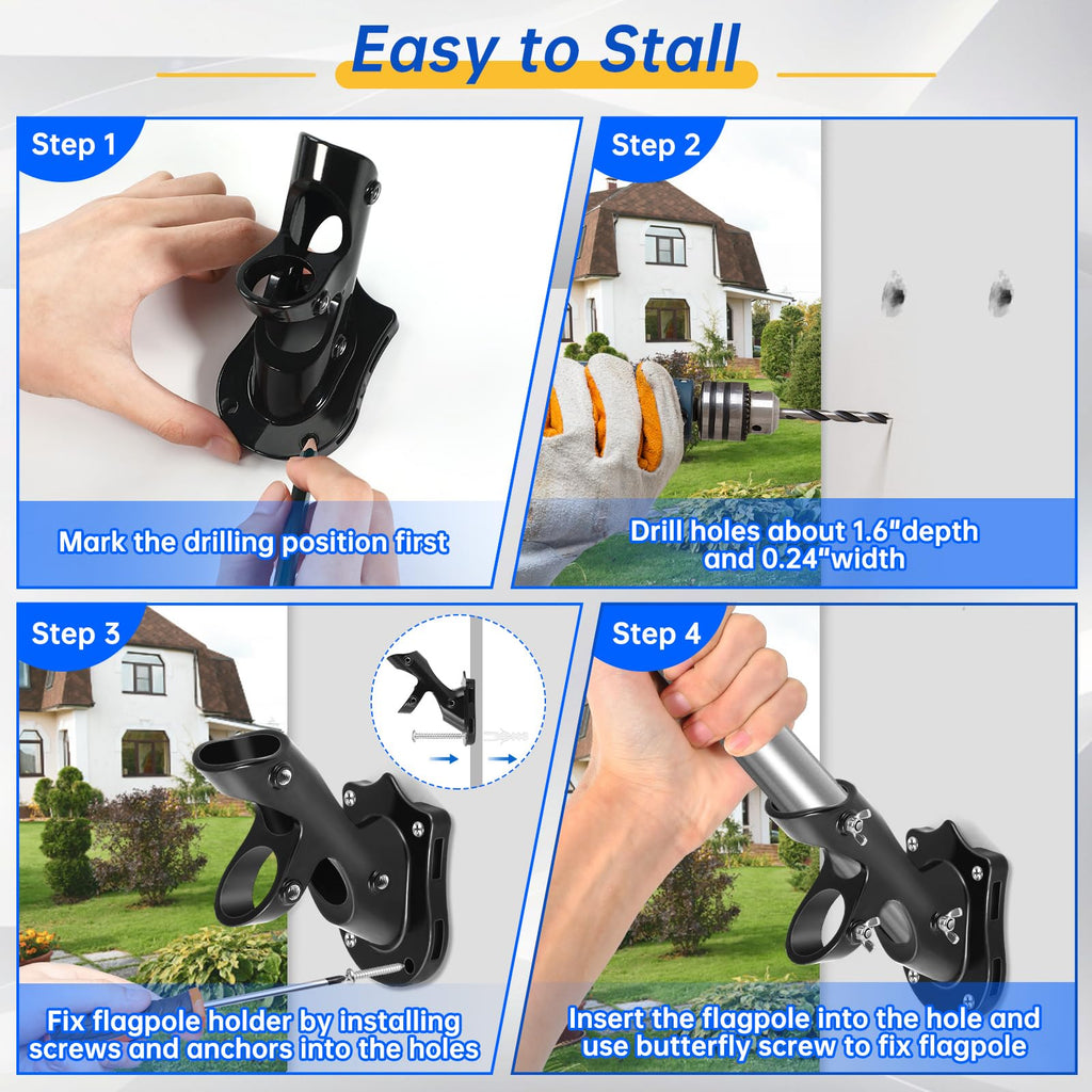 Flag Pole Holder, Anovo Flag Pole Brackets Mount Outside House Heavy-Duty Aluminum Metal Rust Proof Bracket 1" Inner Diameter 2 Positions with Hardwares for Outdoor Wall Mounting Porch(Black-1 Pack)