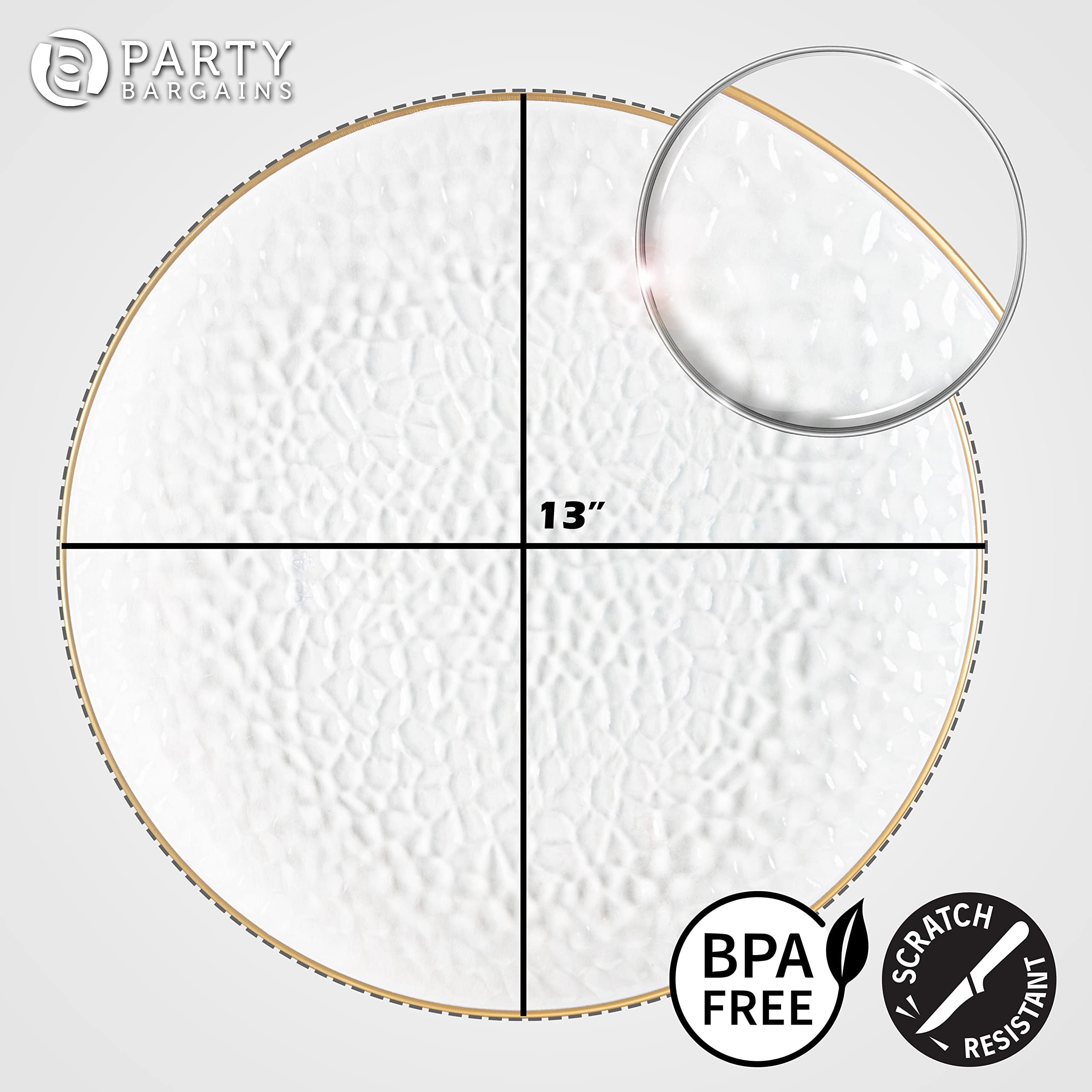 PARTY BARGAINS 13-Inch Charger Plates - 96 Pack, Clear Gold Rim, Heavy-Duty Disposable Chargers for Elegant Dining - Ideal for Weddings and Formal Events