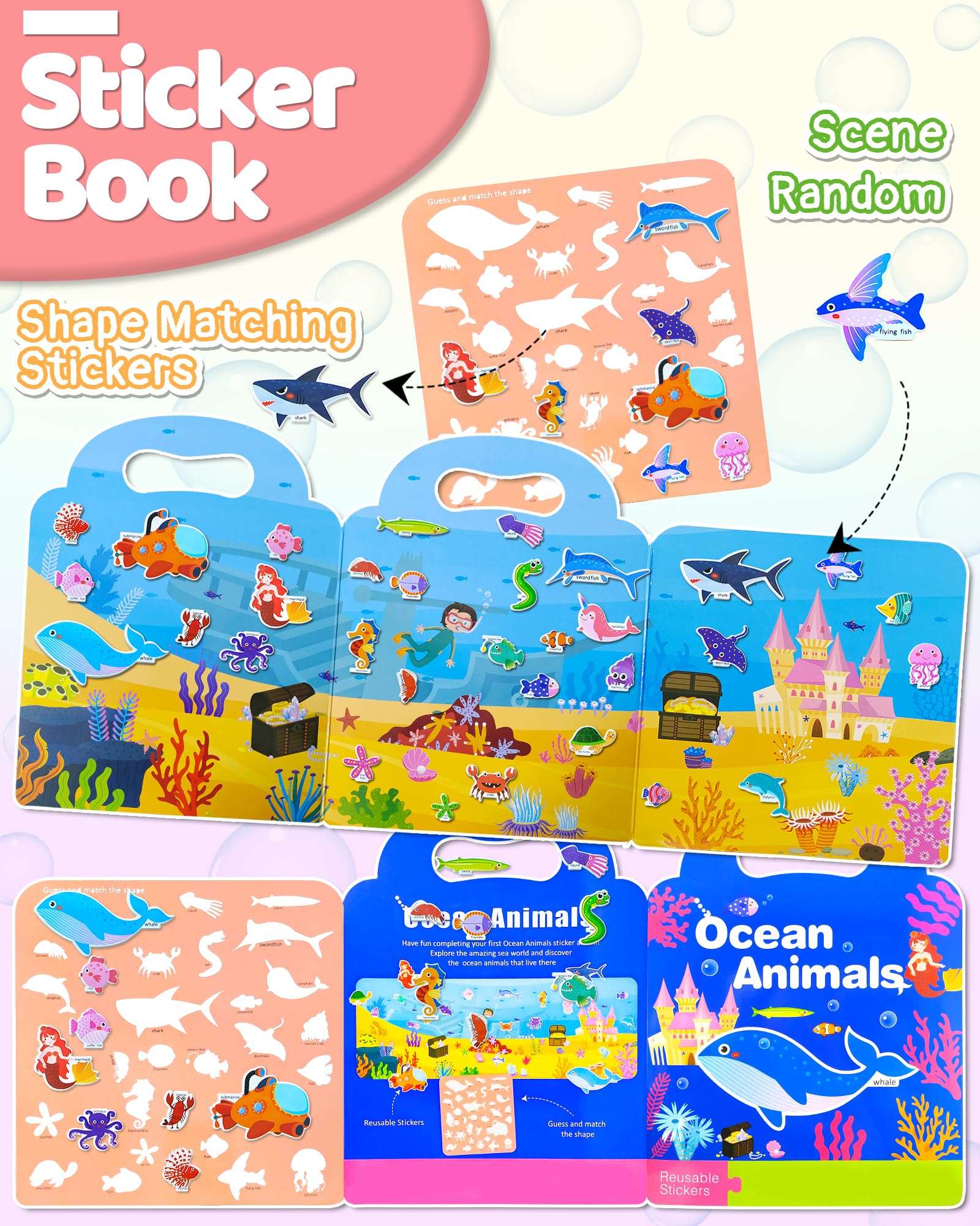 Benresive Reusable Sticker Book for Toddlers, Stickers for Kids, Travel Toys for Arts & Crafts Activities, Birthday Gift for Boys & Girls, Animals Dinosaurs Insects Themes