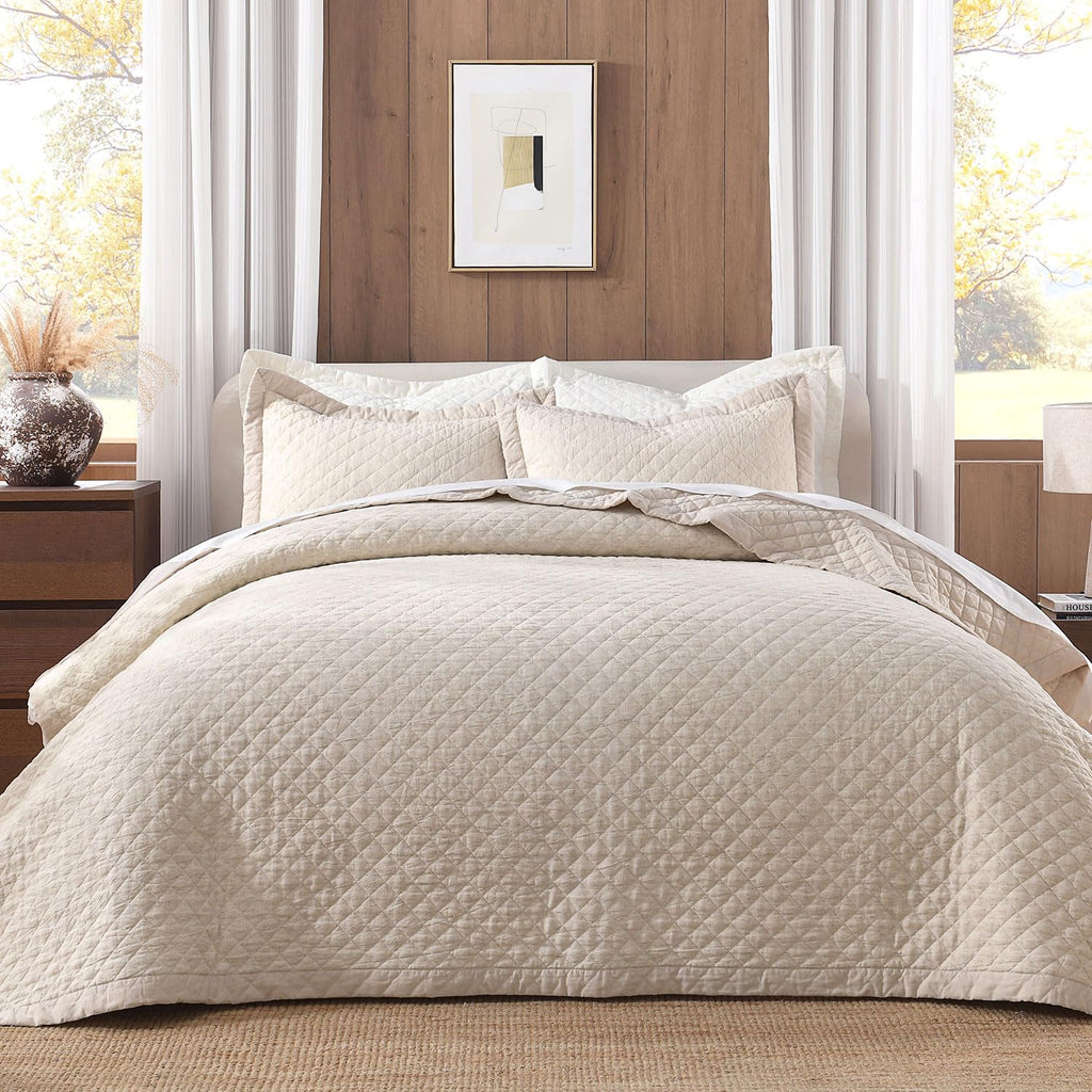 Grassix Linen Quilt Set Queen Size 3-Piece, 100% Linen Front & Cotton Back, Prewashed Diamond Stitch Bedspread with 2 Shams, Lightweight Breathable Quilt for Hot Sleepers, Modern Farmhouse Bedding